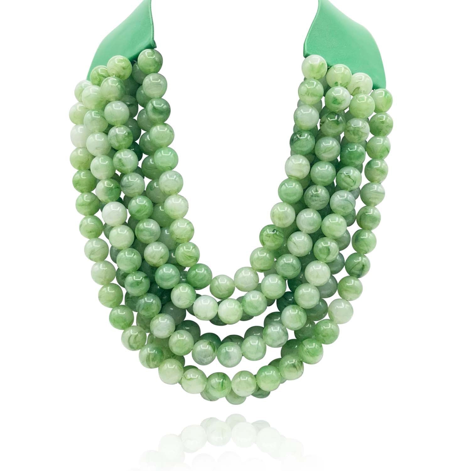 Multi-Strand Jade Green Resin Necklace With Vegan Adjustable Clasp
