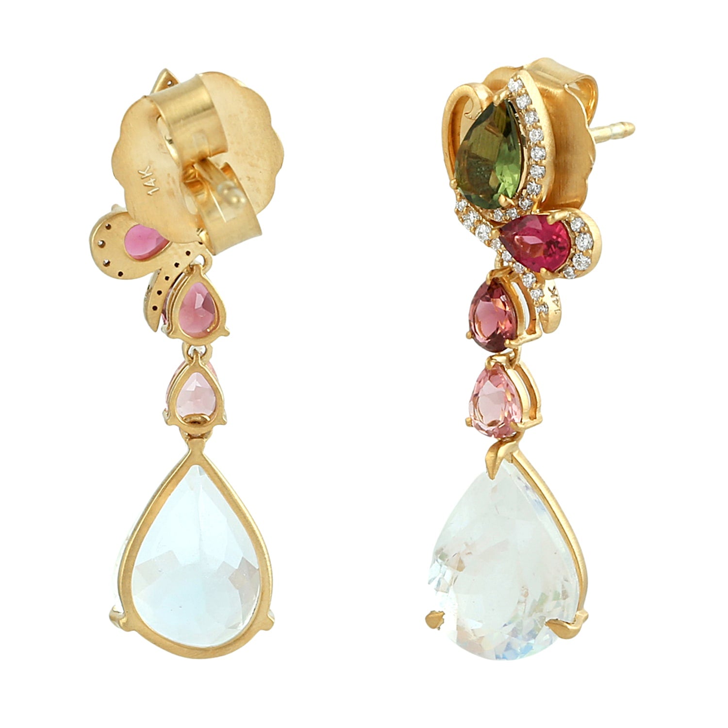 Colorful Tourmaline & Diamond Floral Dangle Earrings In 14K Yellow Gold