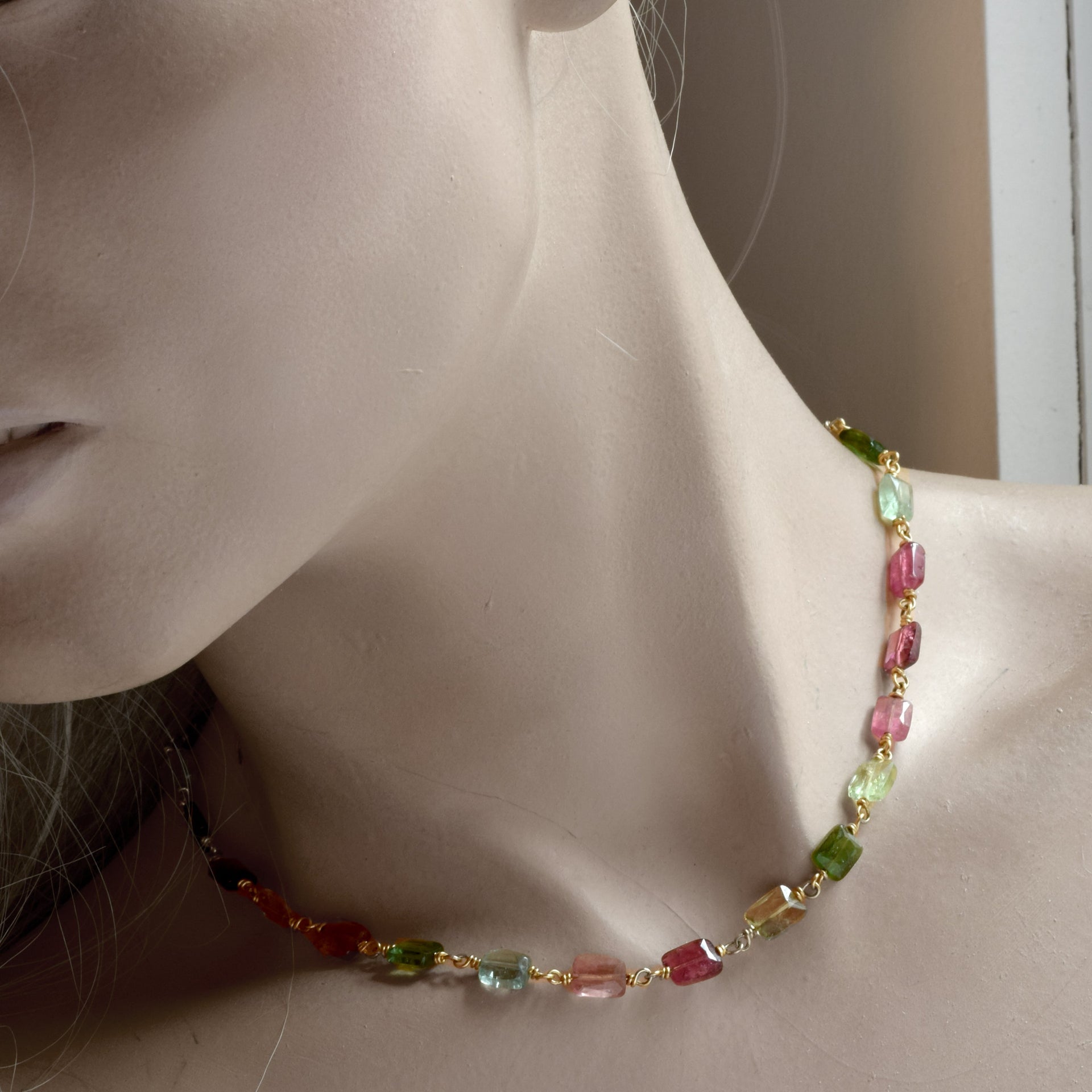 Multi-Tourmaline Chicklet Gold Choker