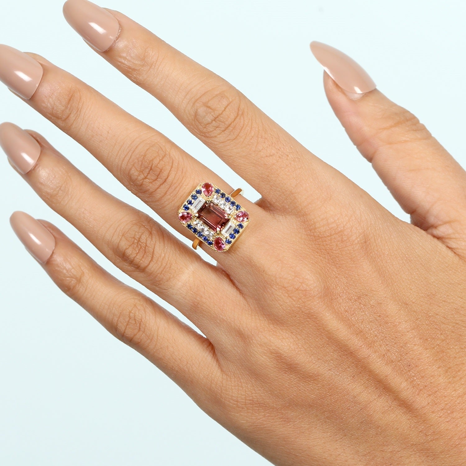 Multicolor Sapphire & Pink Tourmaline Gemstone Cocktail Ring In 18K Gold