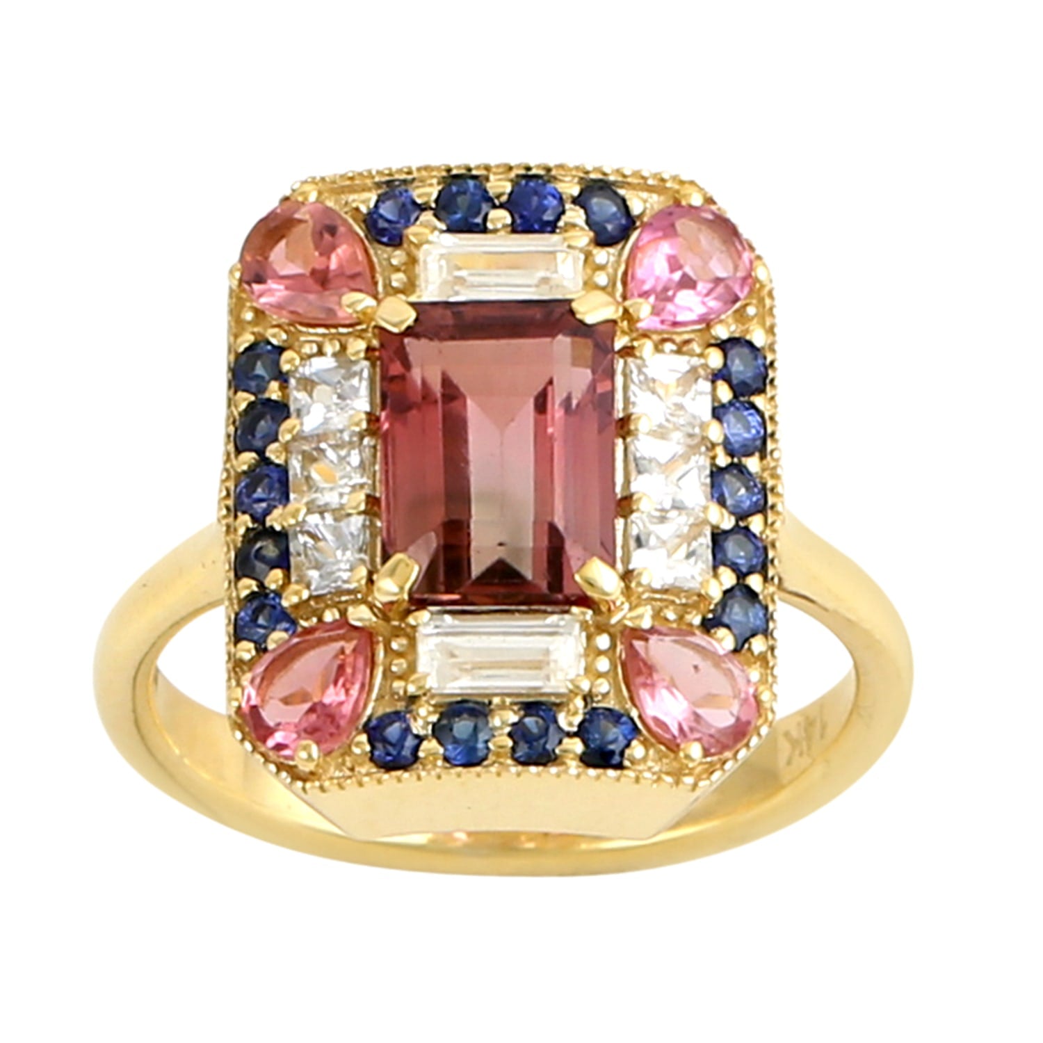 Multicolor Sapphire & Pink Tourmaline Gemstone Cocktail Ring In 18K Gold