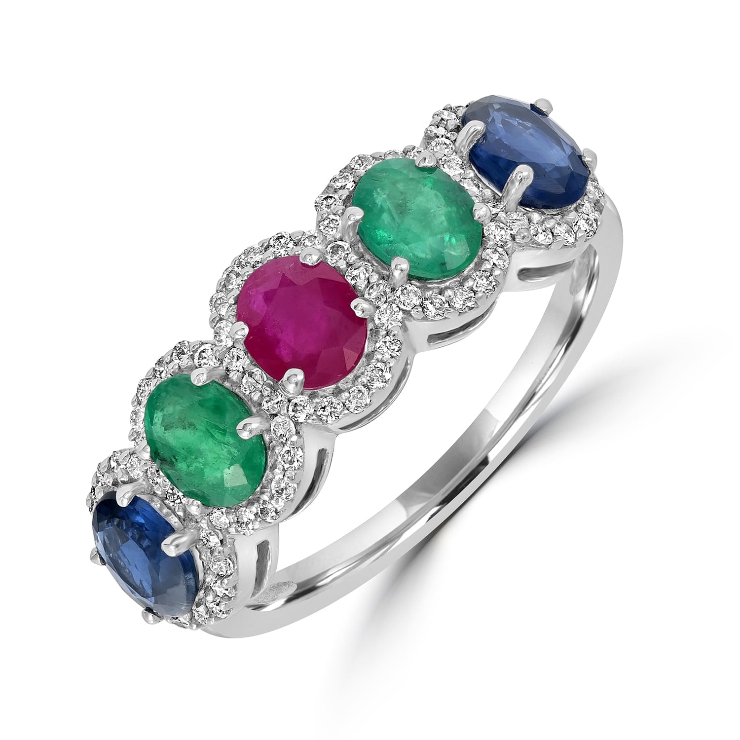 Multicolor Gemstone Eternity Ring In 18K White Gold – Pave Diamond Rainbow Band