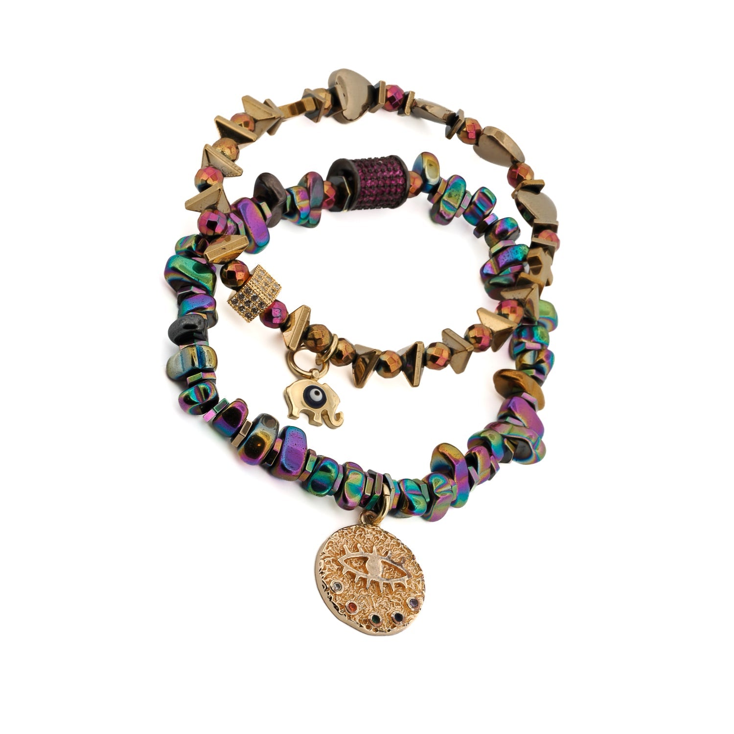 Multicolor Hematite Evil Eye Lucky Elephant Bracelet Set