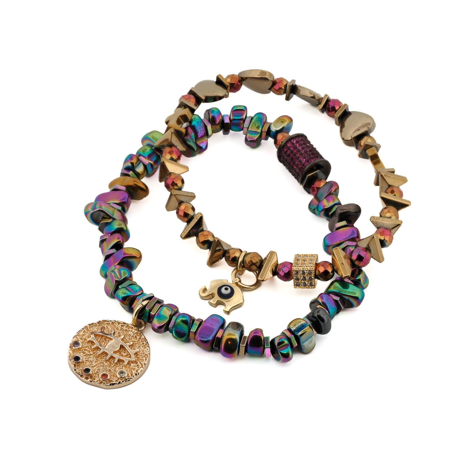 Multicolor Hematite Evil Eye Lucky Elephant Bracelet Set