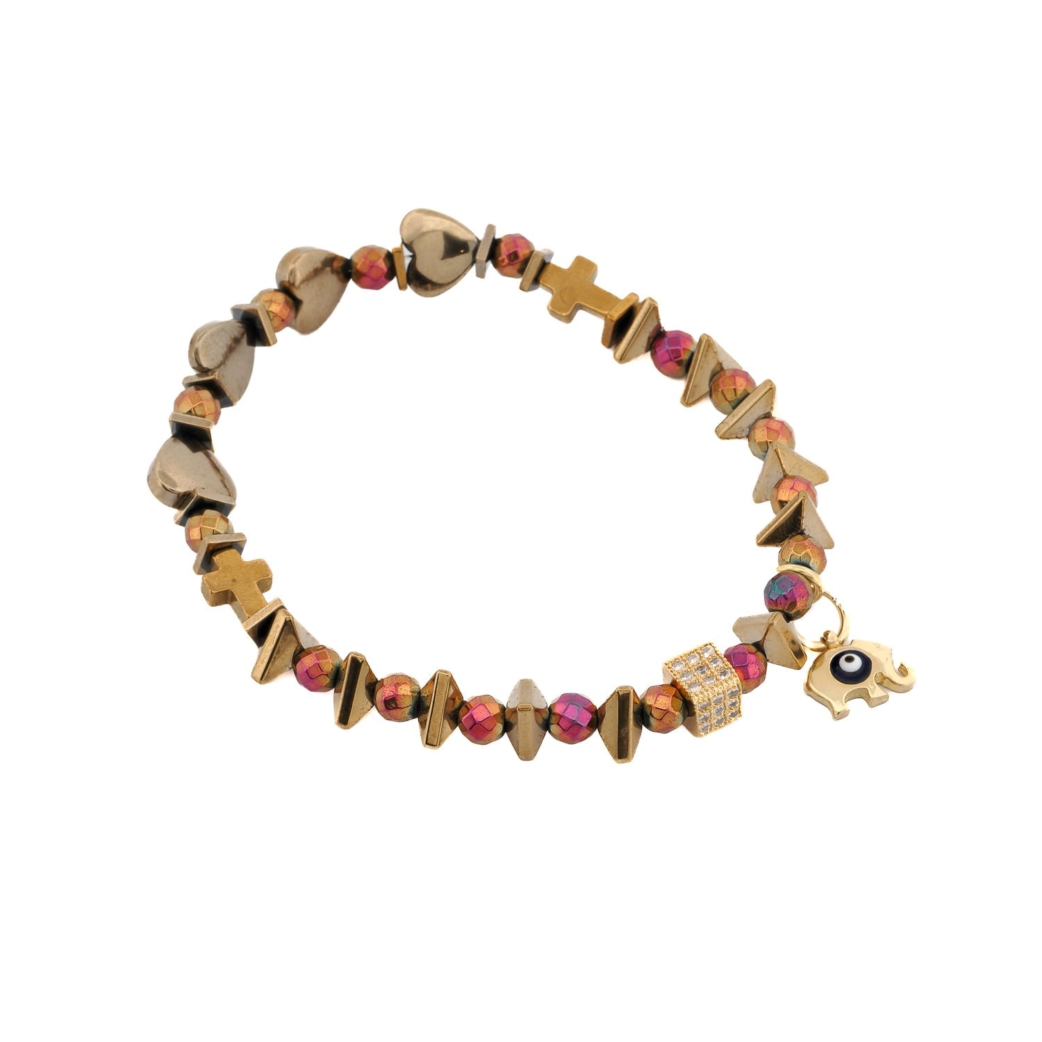Multicolor Hematite Stone Protective Evil Eye Lucky Elephant Bracelet Set - Multicolor