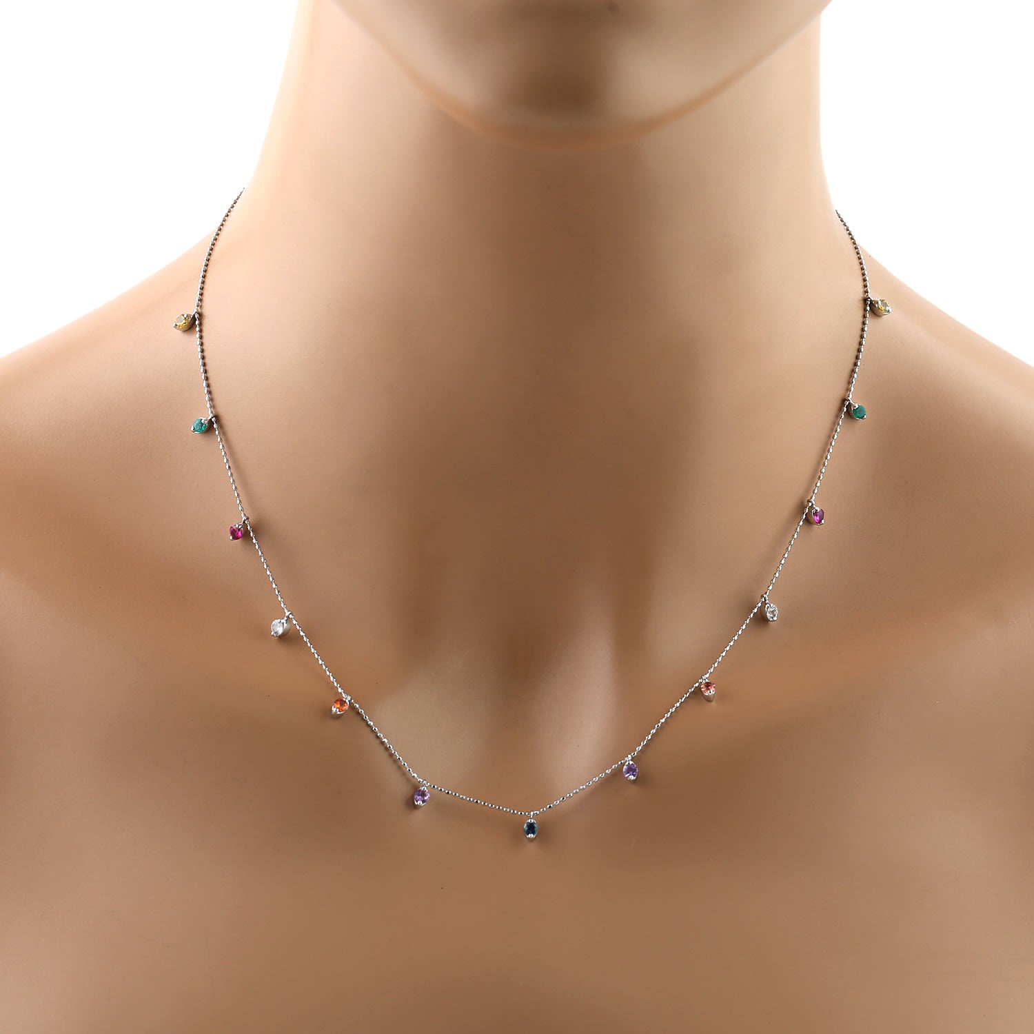 Multicolor Sapphire & Ruby With Emerald Station Necklace In White Gold