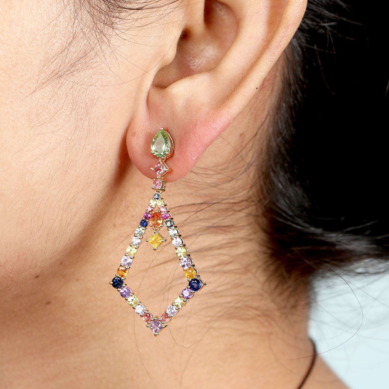 Multicolor Sapphire & Tourmaline Gemstone In Gold Dangle Earrings