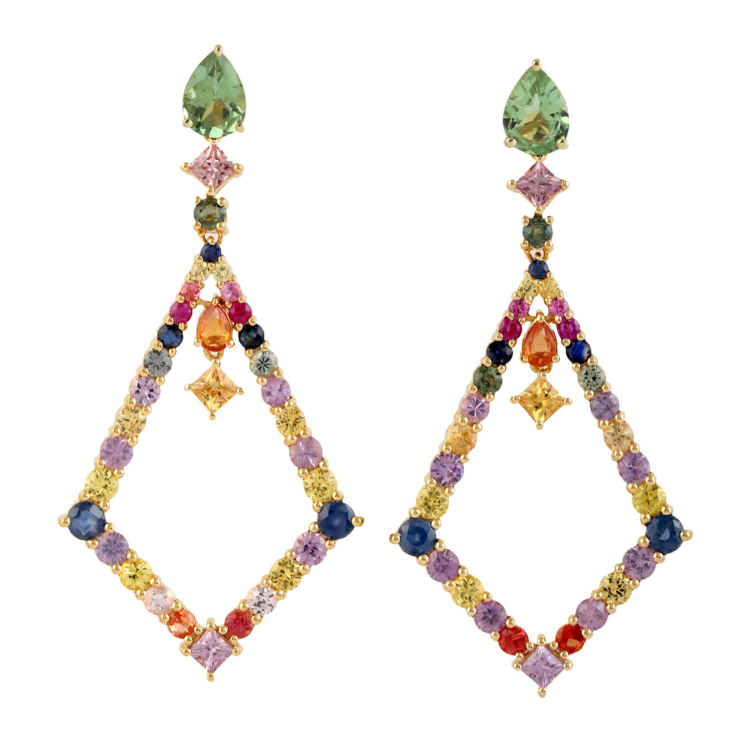 Multicolor Sapphire & Tourmaline Gemstone In Gold Dangle Earrings