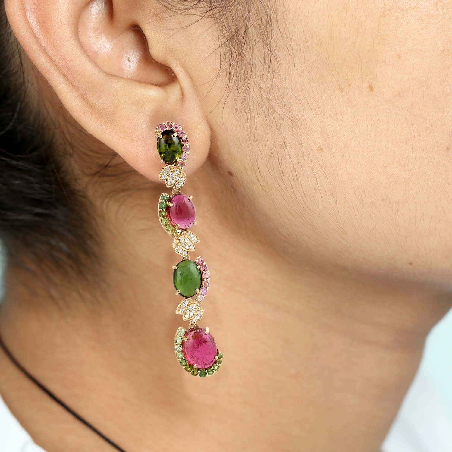 Multicolor Tourmaline Gemstone & Diamond Dangle Earrings In Gold