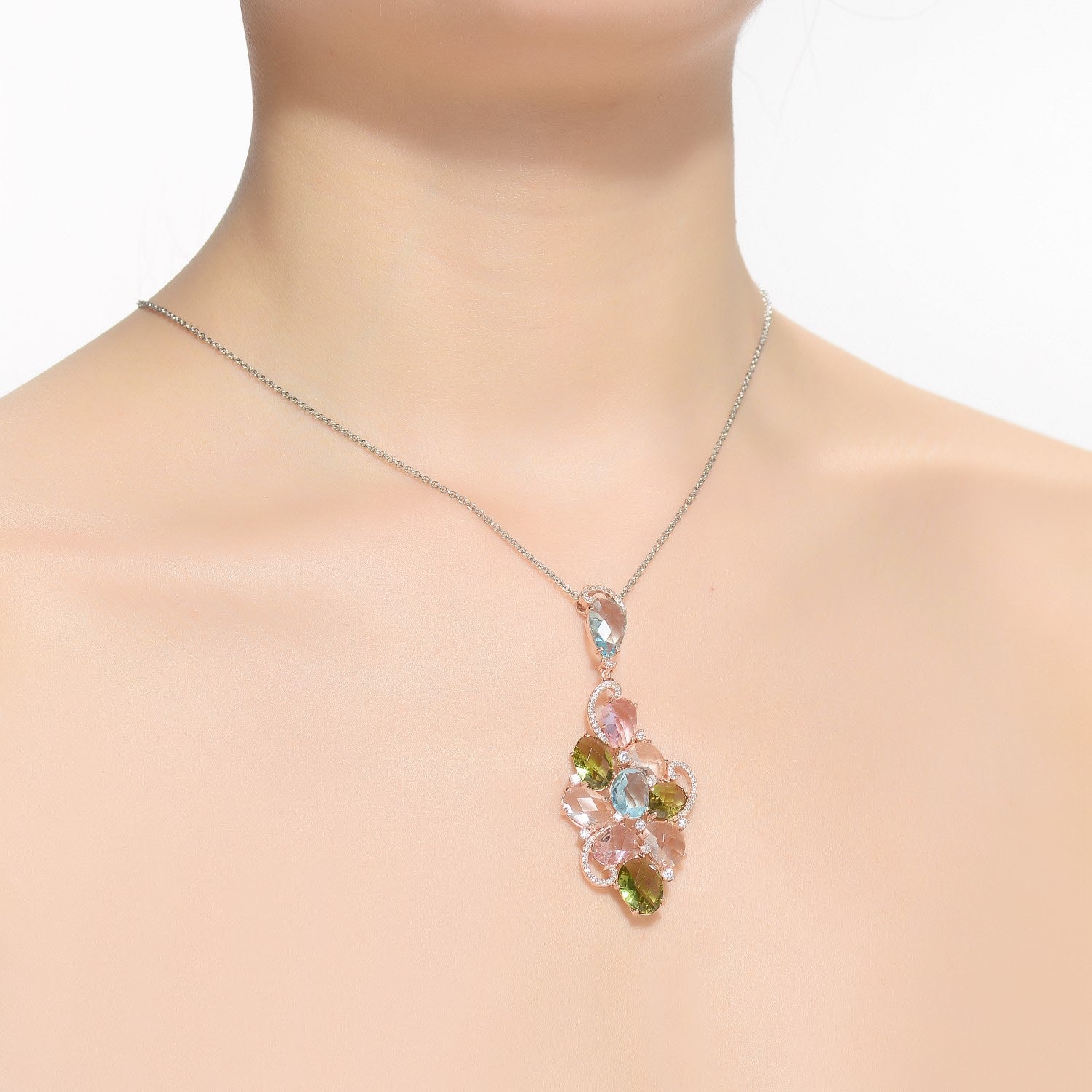 Multicolored Cubic Zirconia Shaped Pendant Rose Gold Plated Sterling Silver Necklace