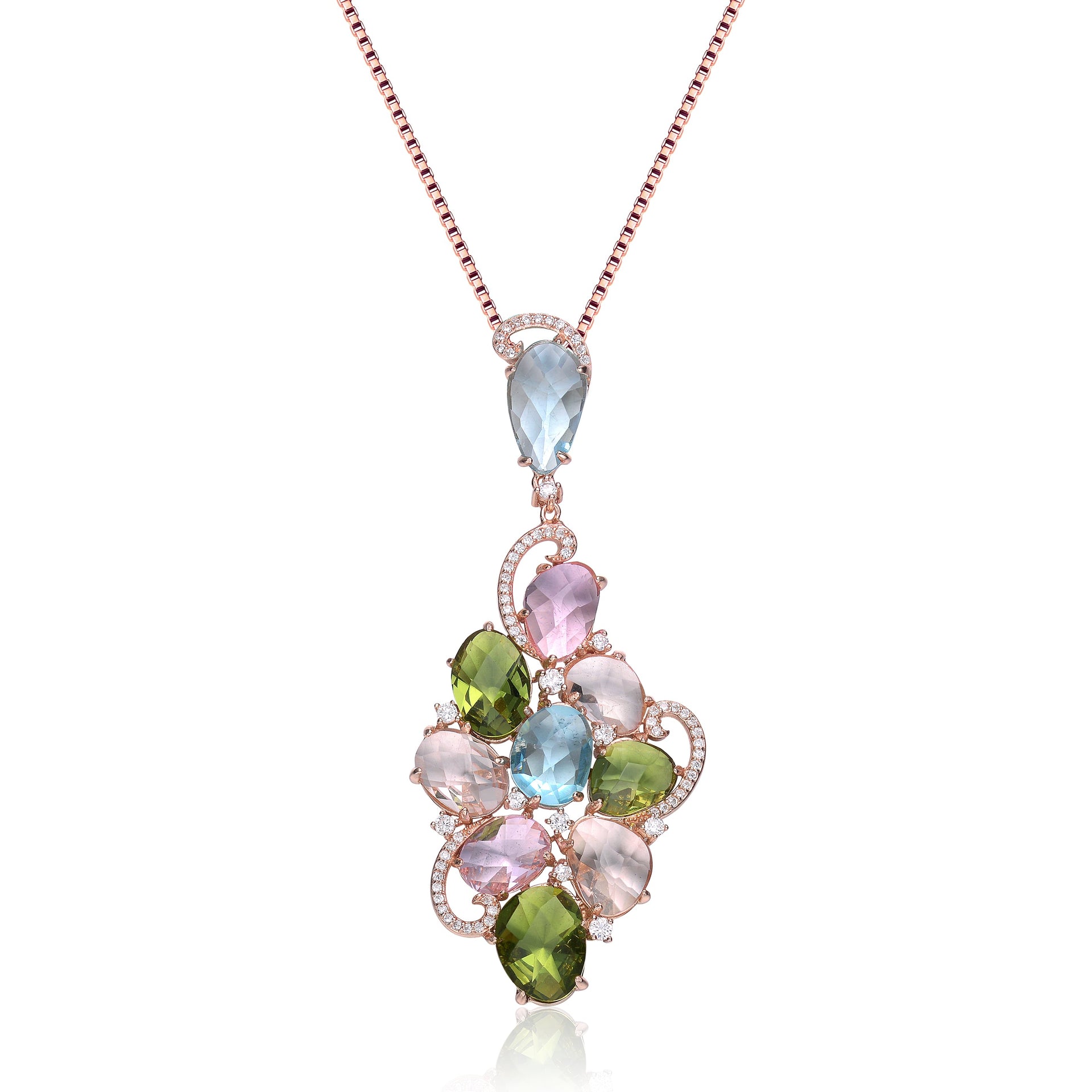 Multicolored Cubic Zirconia Shaped Pendant Rose Gold Plated Sterling Silver Necklace