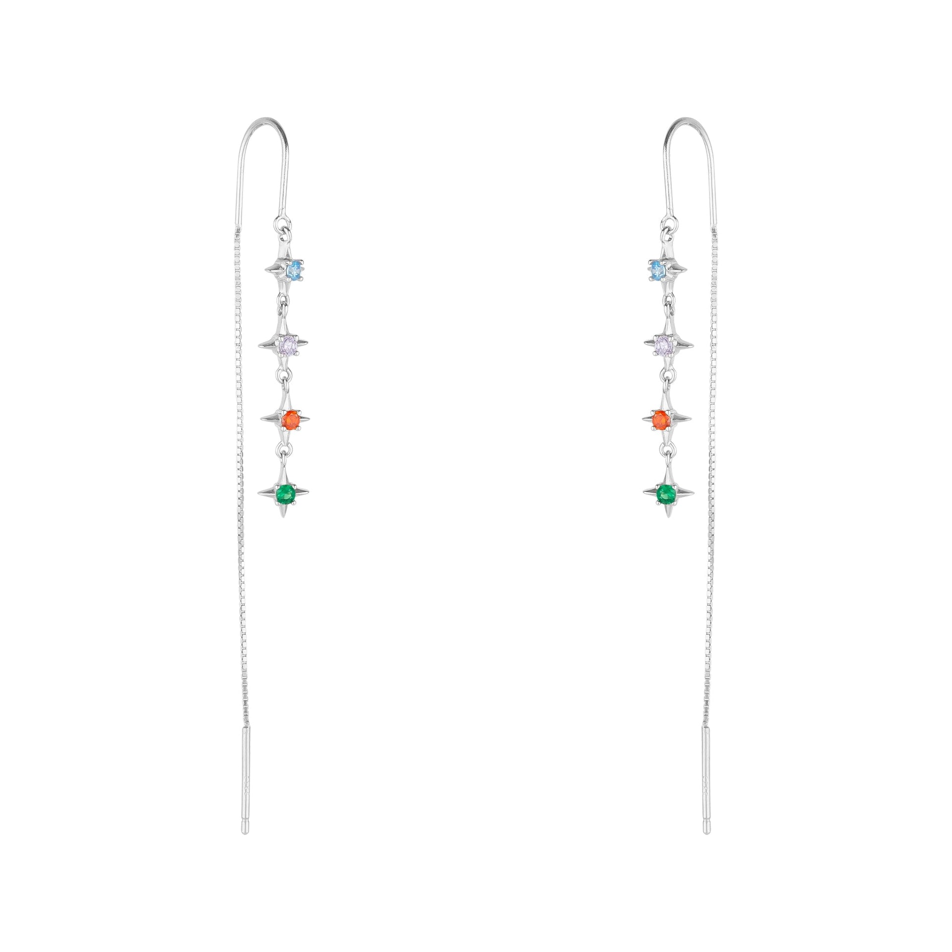 Multicolour Star Drop Sterling Silver Chain Threader Earrings - Pair