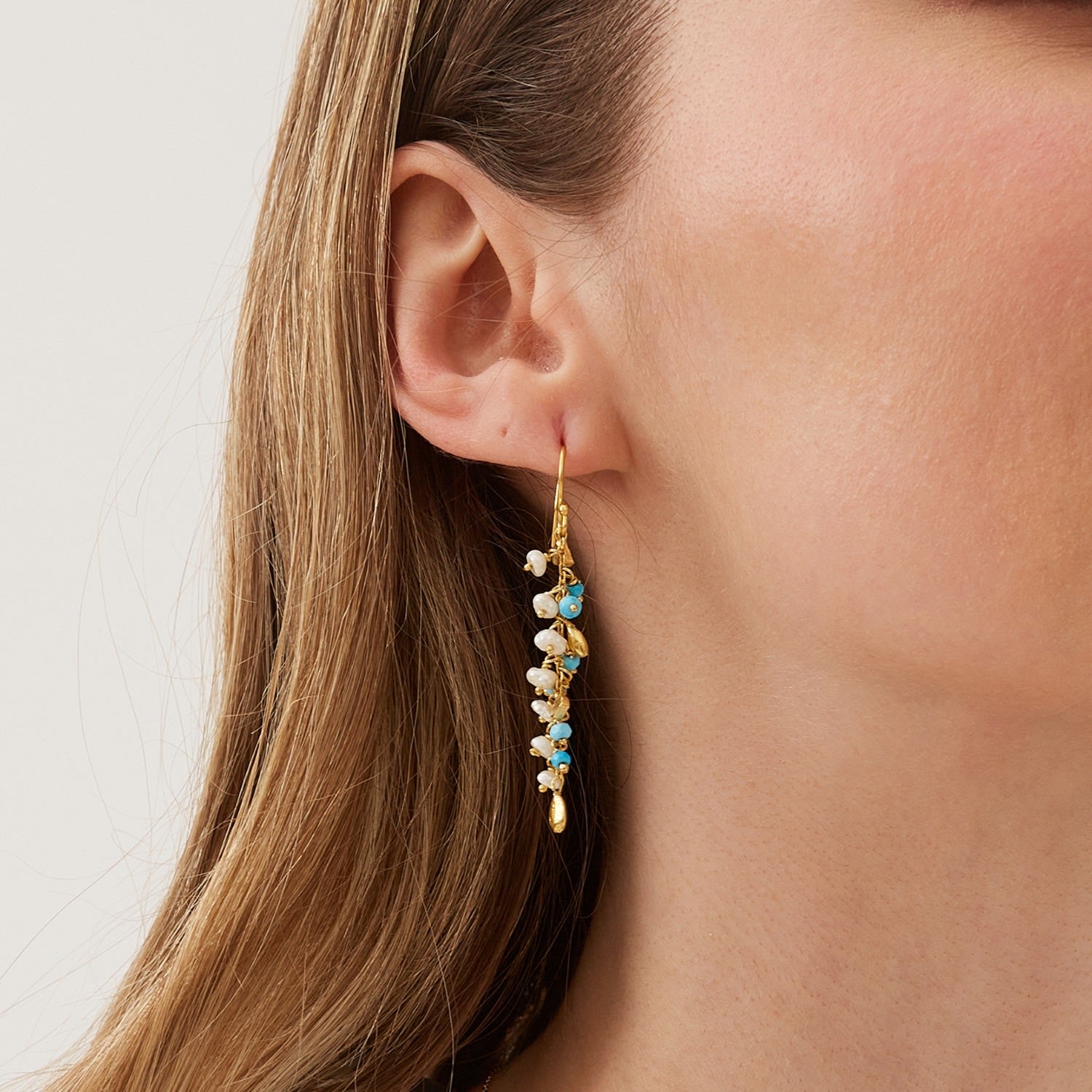 Multiple Baroque Pearl Drop Sterling Silver Earring Natural Turquoise