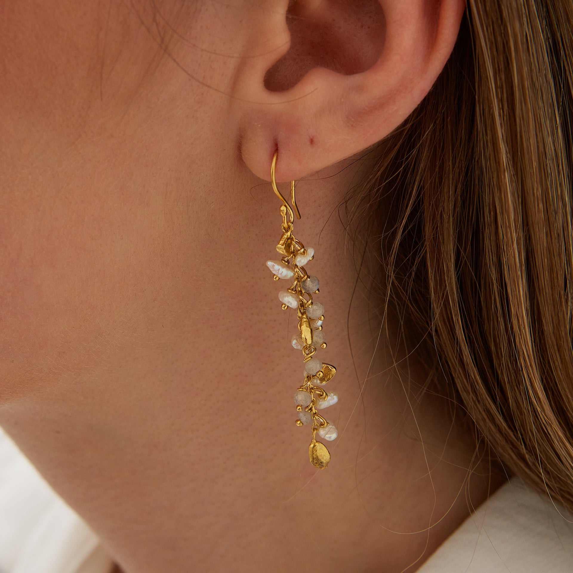 Multiple Baroque Pearl Drop Sterling Silver Earring - Labradorite - Grey