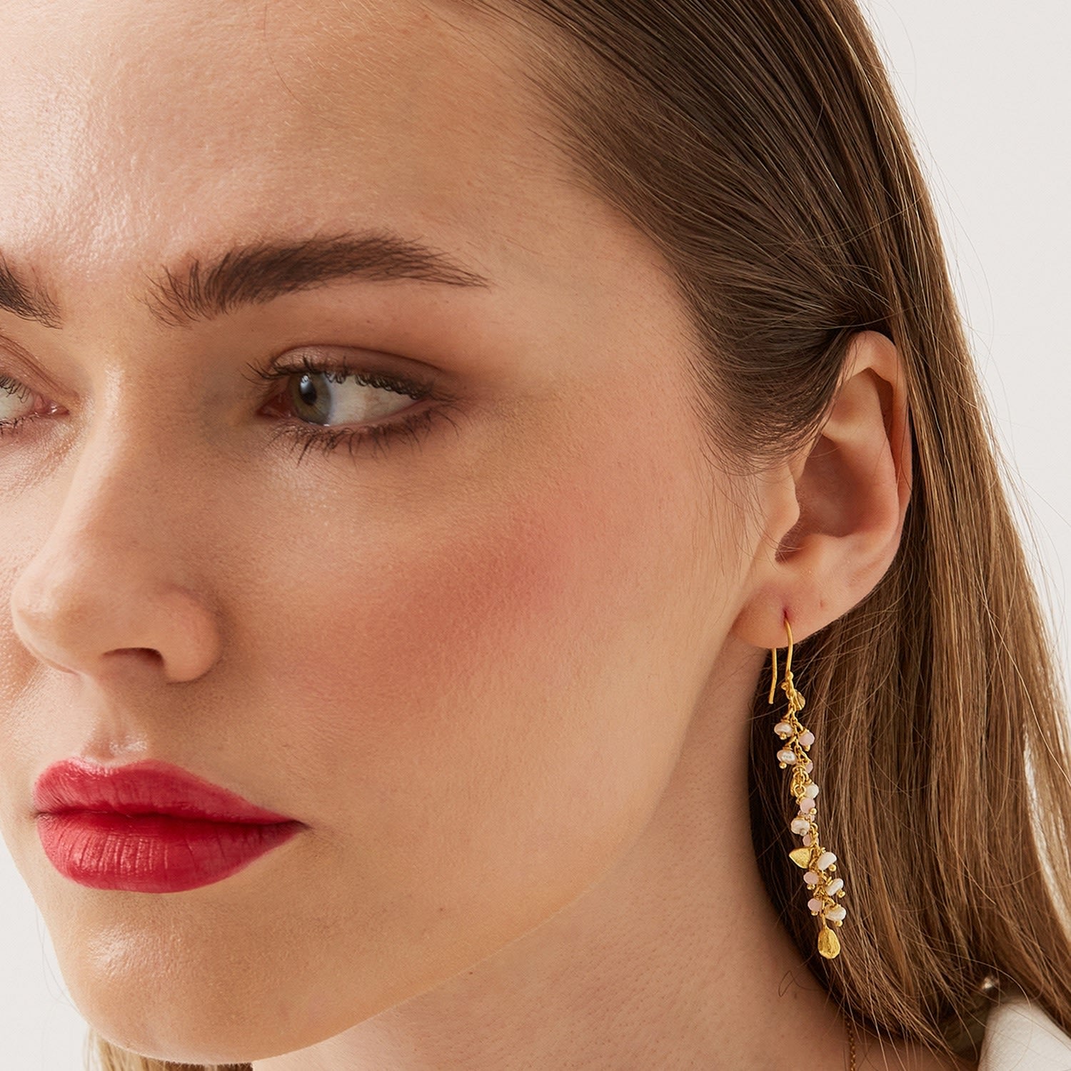 Multiple Baroque Pearl Drop Sterling Silver Earring - Pink Quarts