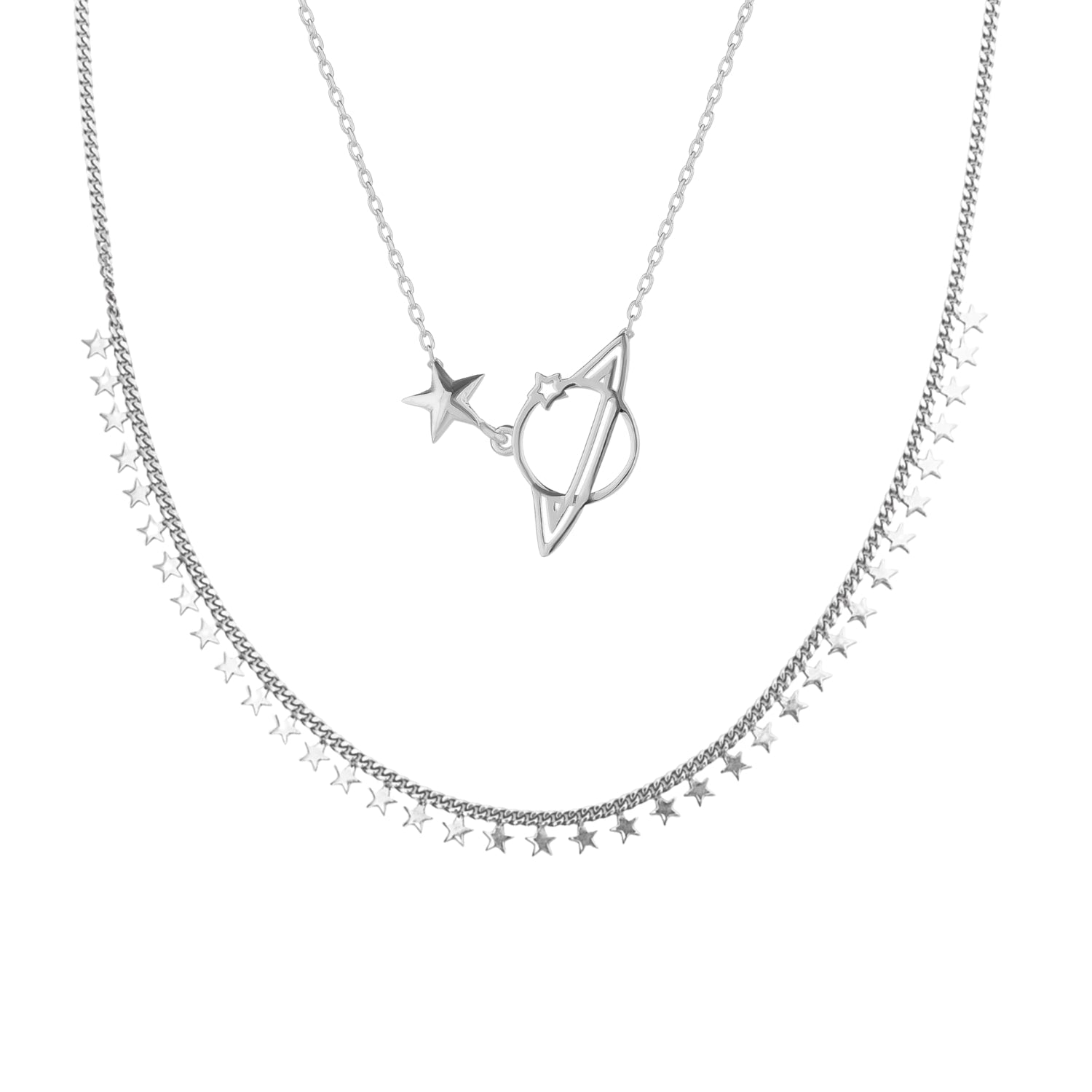 Multiple Star Sterling Silver Station & Saturn Necklace Stacking Layering Set - Silver