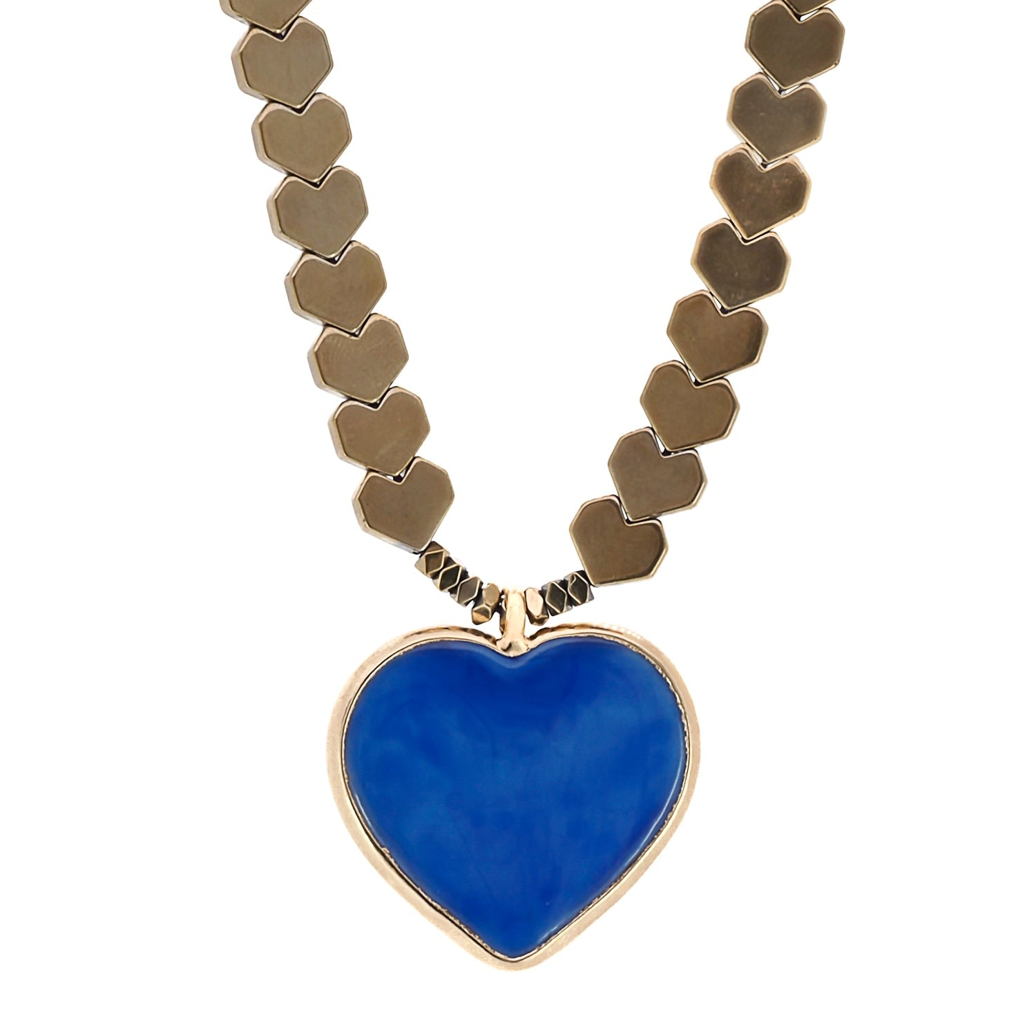 Murano Glass Blue Heart Pendant Gold Hematite Happy Necklace - Gold