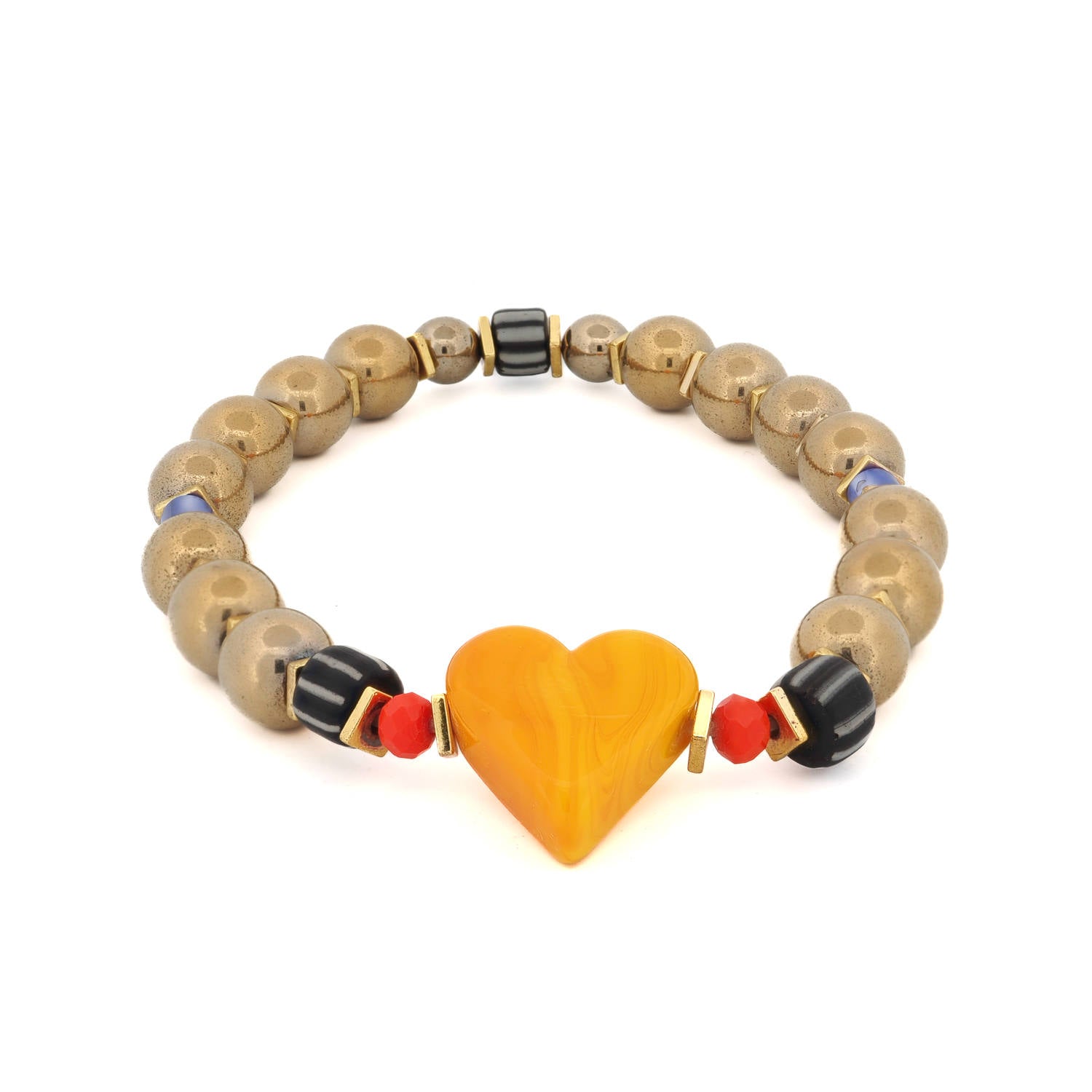 Murano Glass Yellow Heart Gold Hematite Stone Beaded Bracelet - Yellow