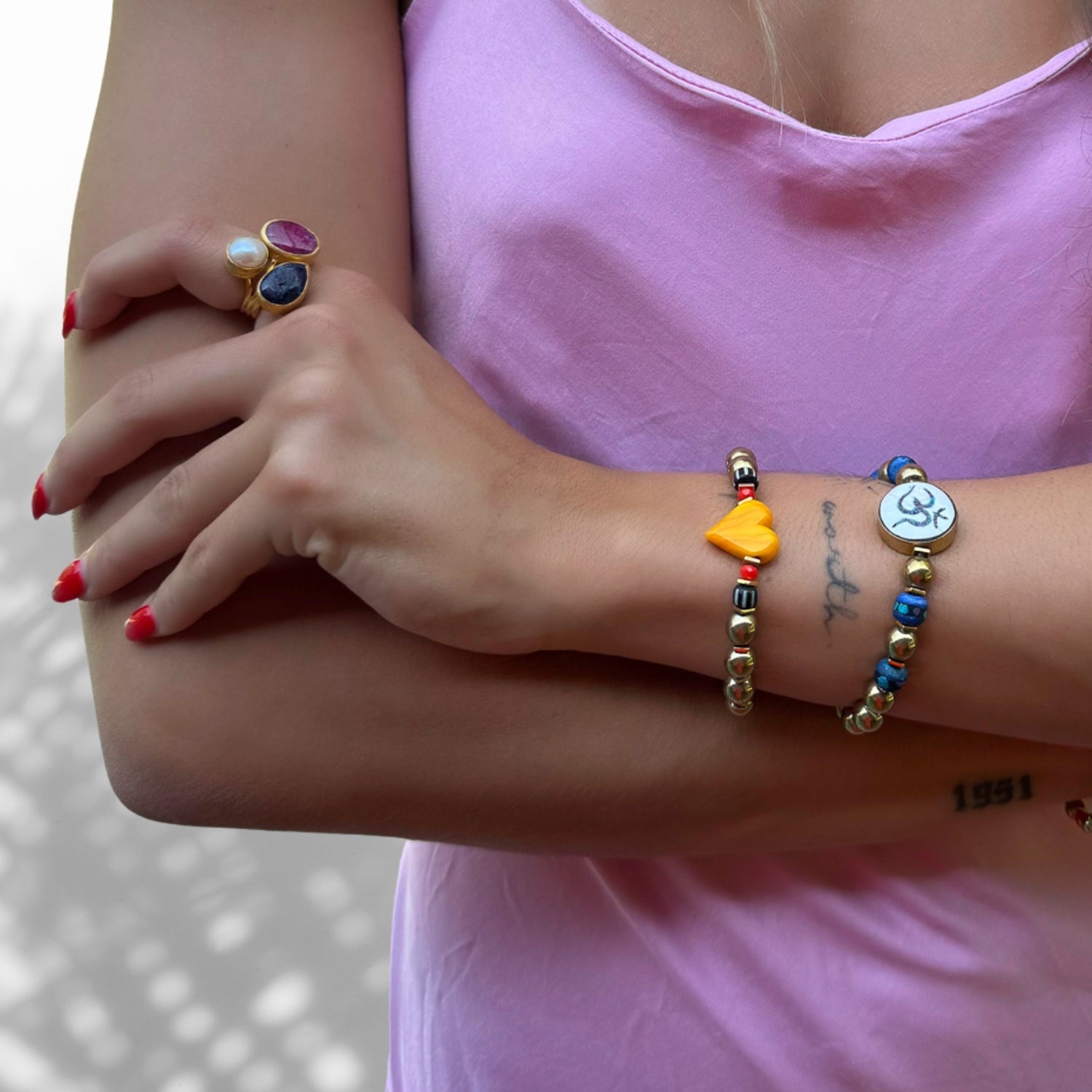 Murano Glass Yellow Heart Gold Hematite Stone Beaded Bracelet - Yellow