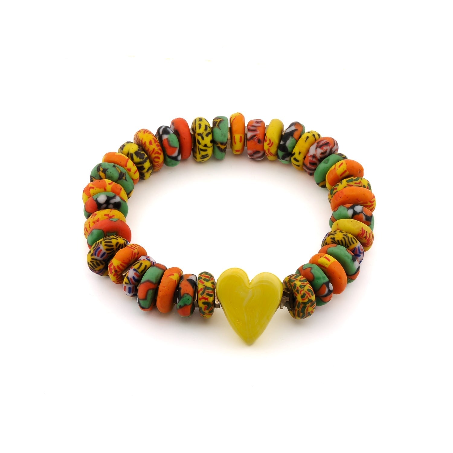 Murano Yellow Heart & African Colorful Beaded Summer Bracelet - Multicolor