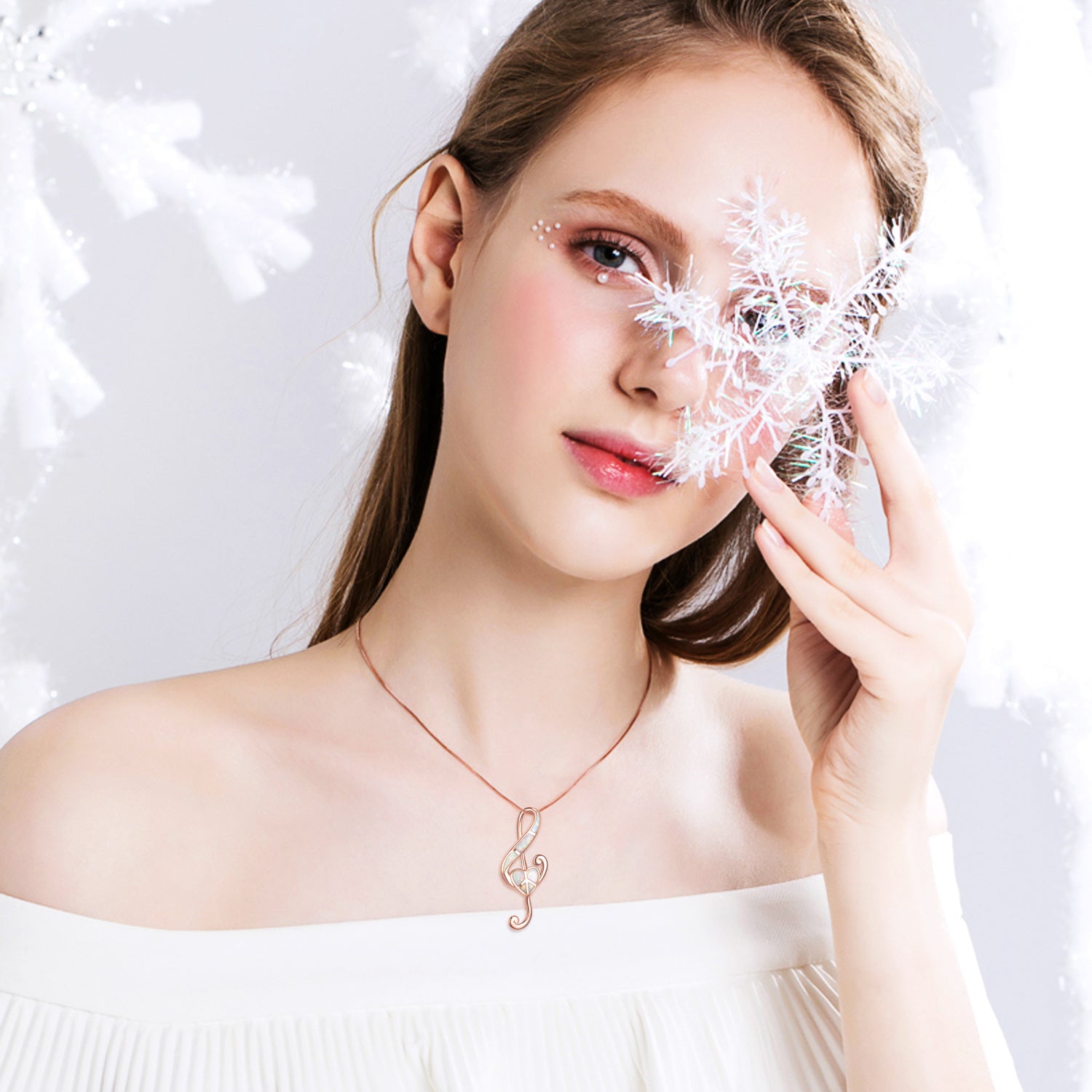 Sterling Silver with Rose Gold Plated Opal Heart Music Symbol Necklace for Women