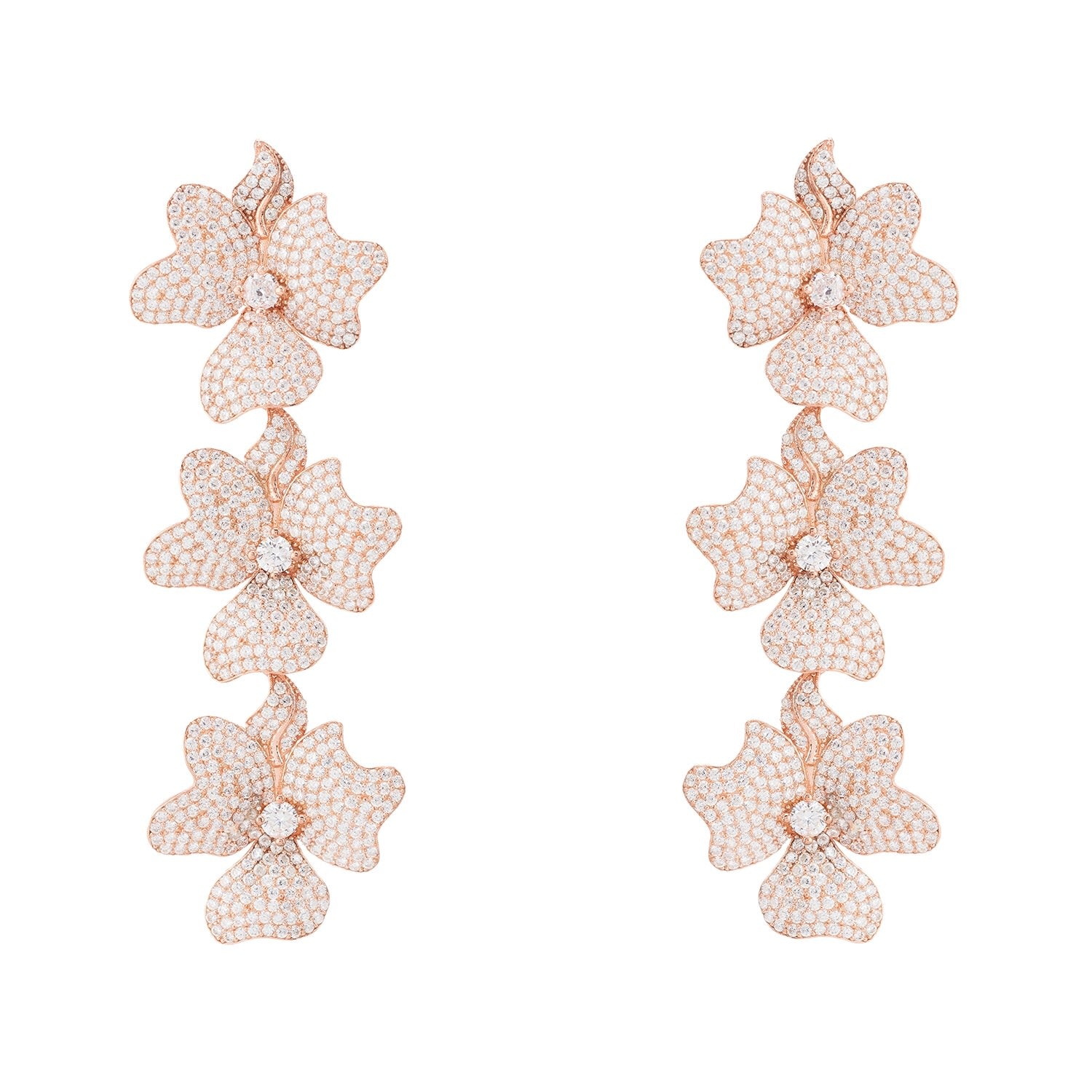 Jasmine Flower Triple Drop Earrings Rosegold