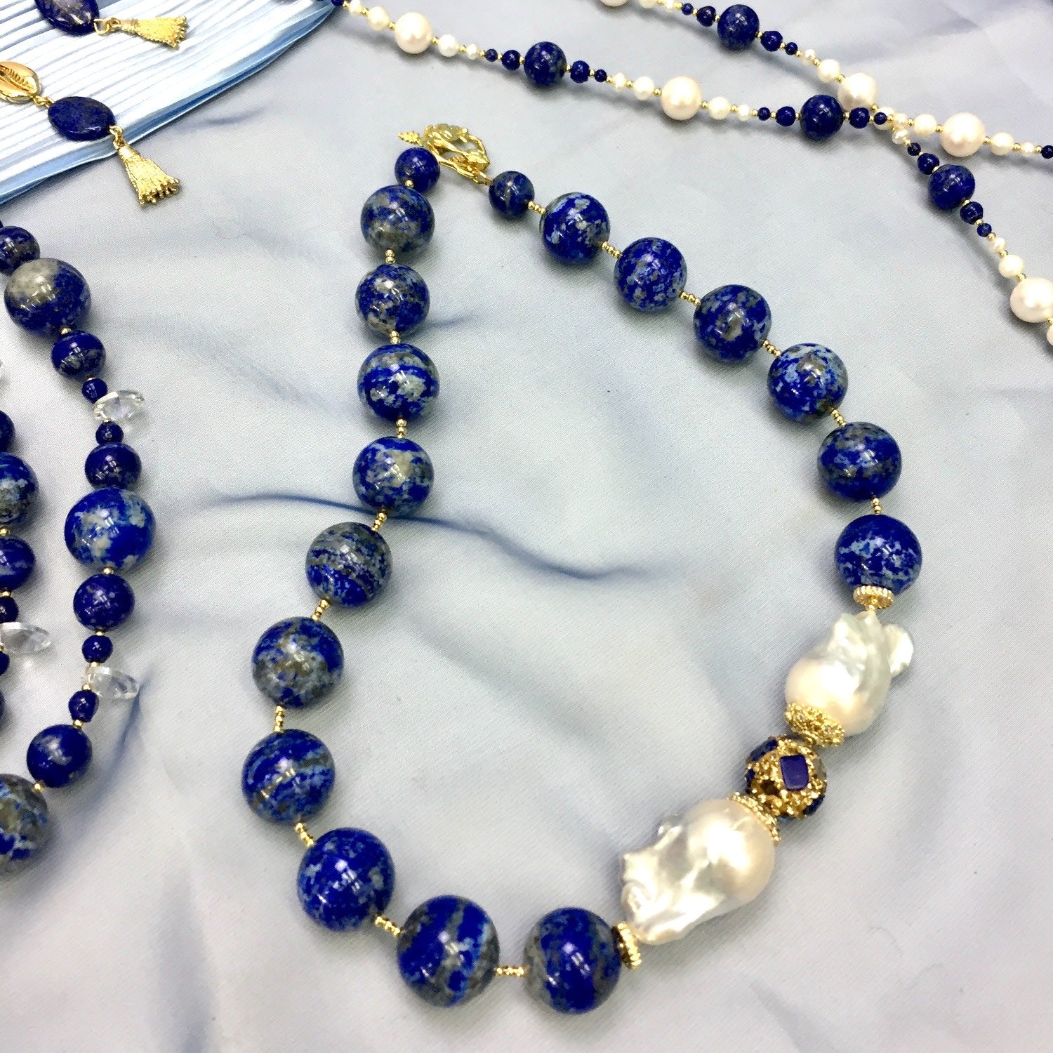 Gorgeous Natural Lapis With Baroque Pearls Necklace