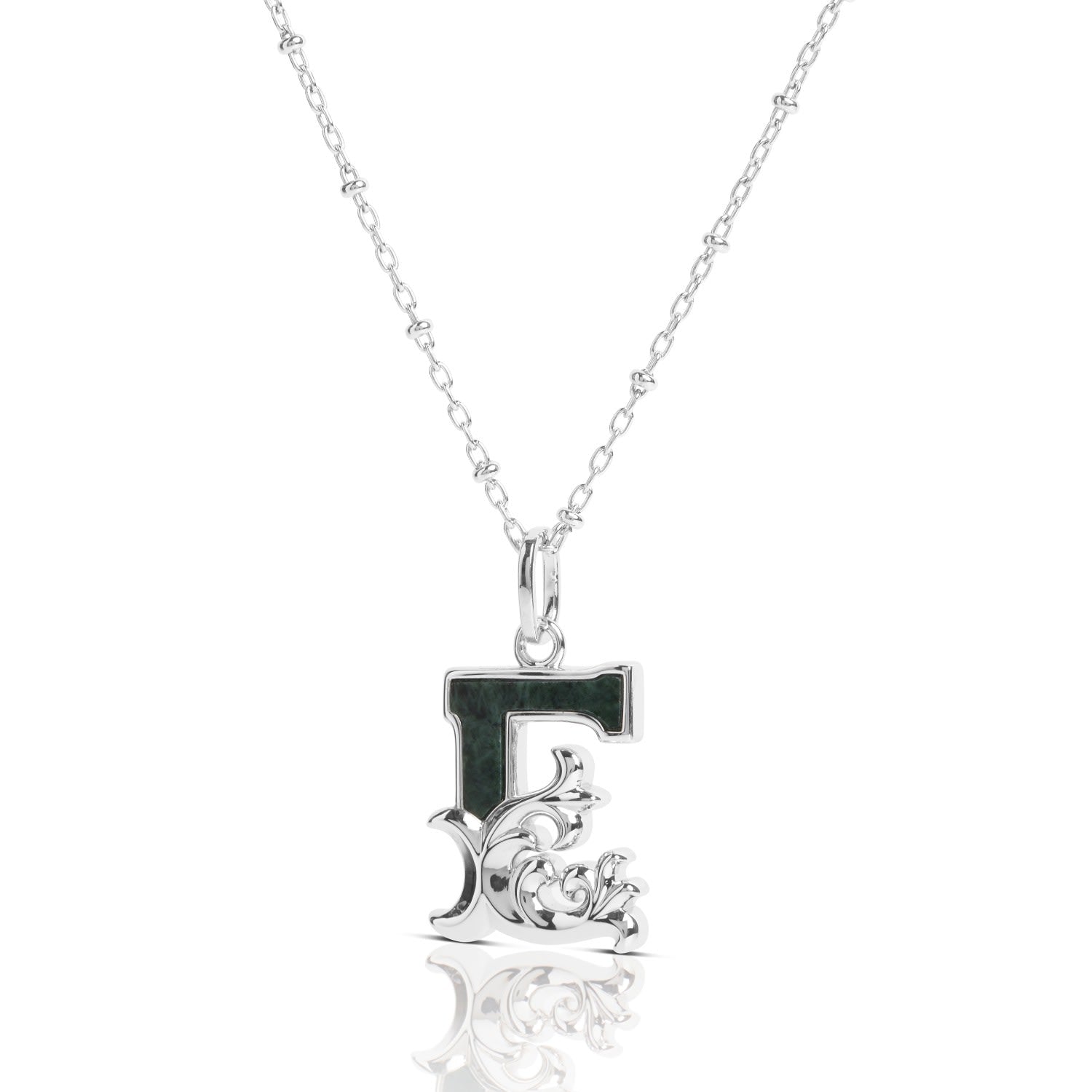 Solid Silver E Initial Necklace With Green Marble