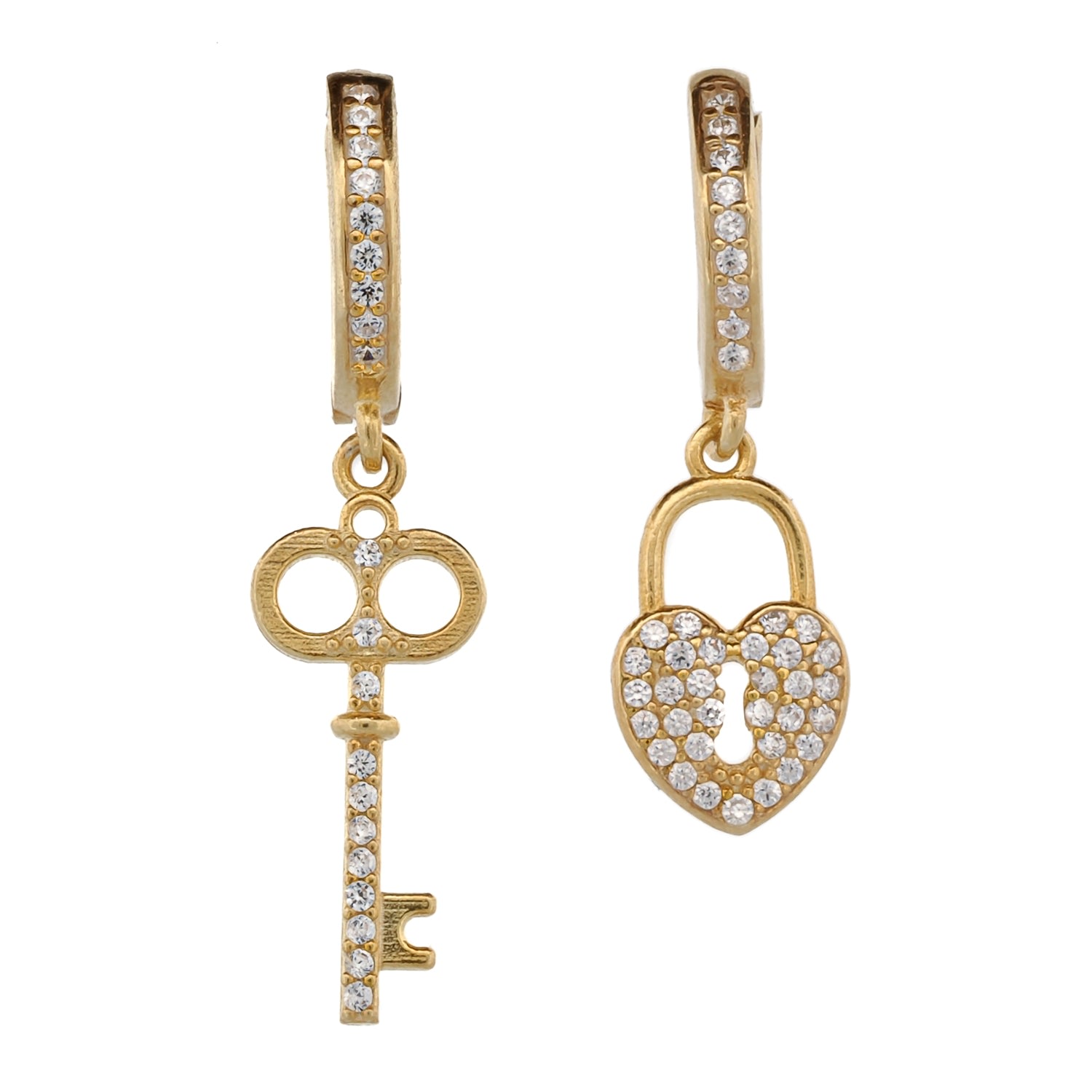 My Heart Is Yours Key & Heart Lock Gold Plated Diamond Earrings - Gold