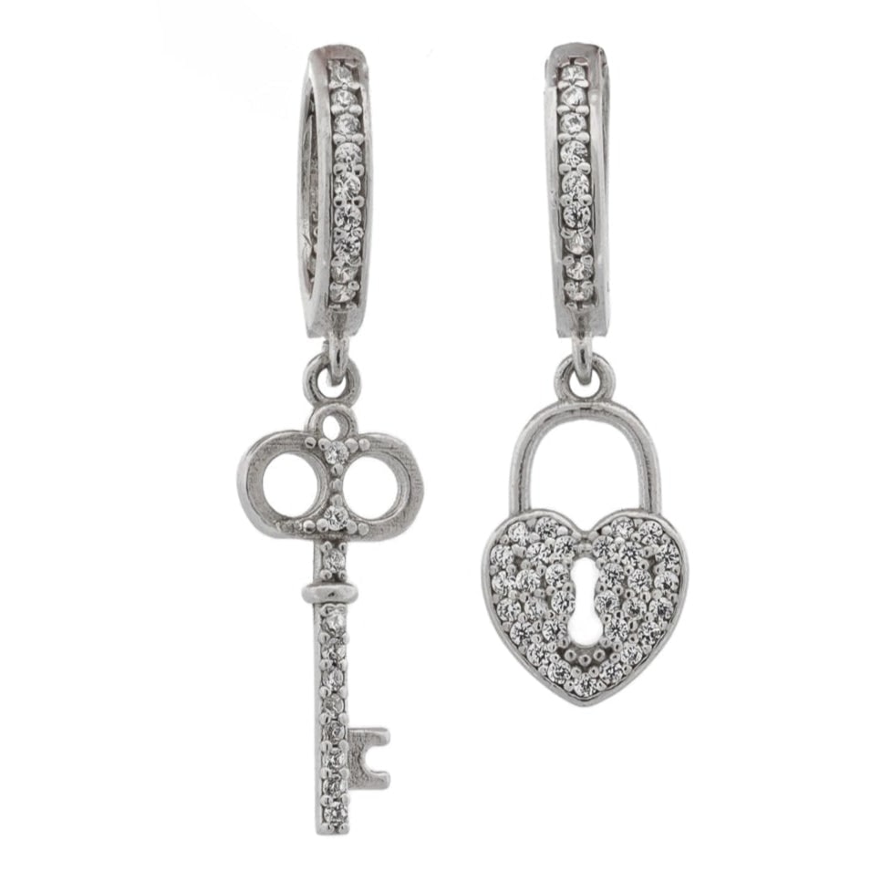 My Heart Is Yours Key & Heart Lock Silver Diamond Earrings - Silver