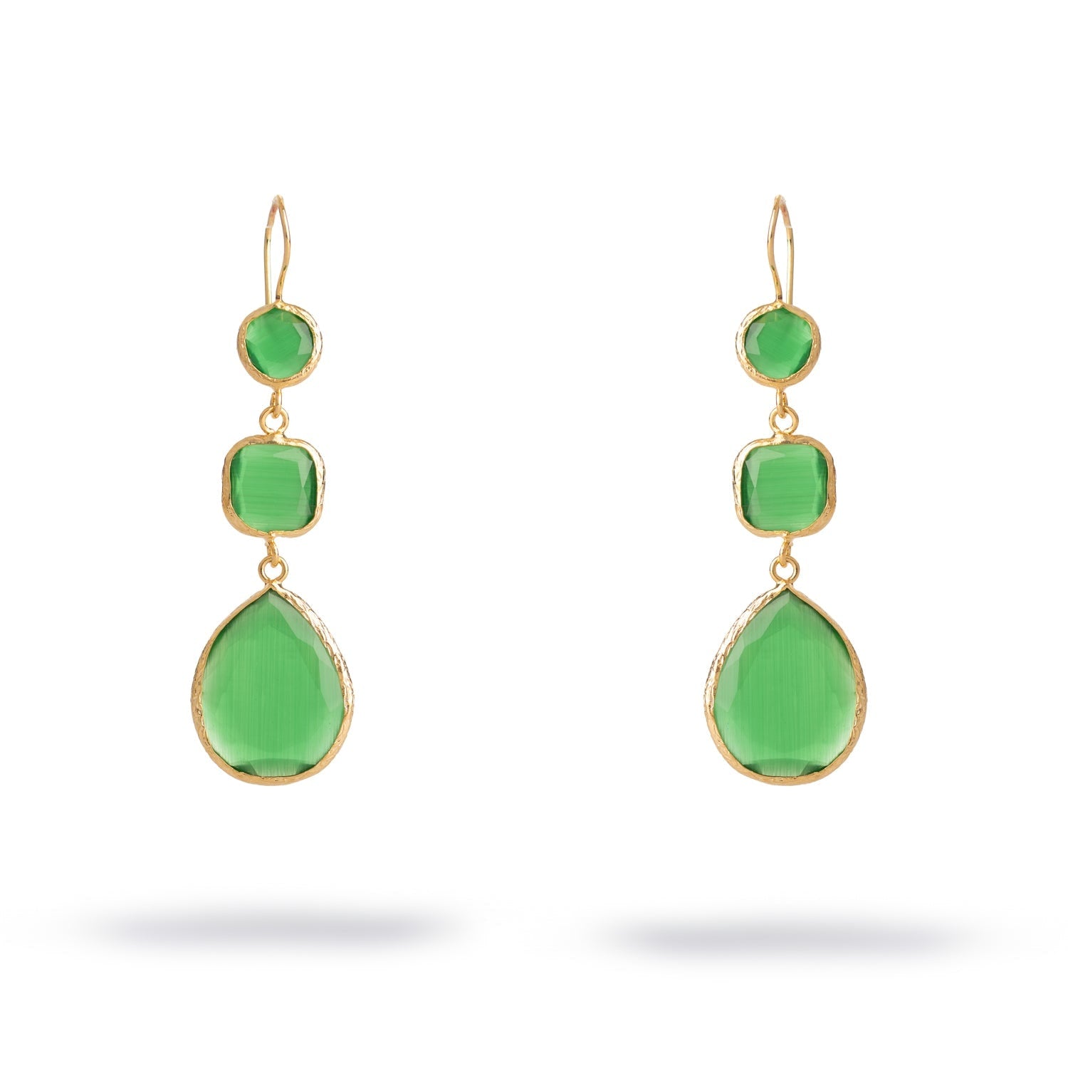 Mystic Green Cat Eye Gold Dangle Earrings - Gold