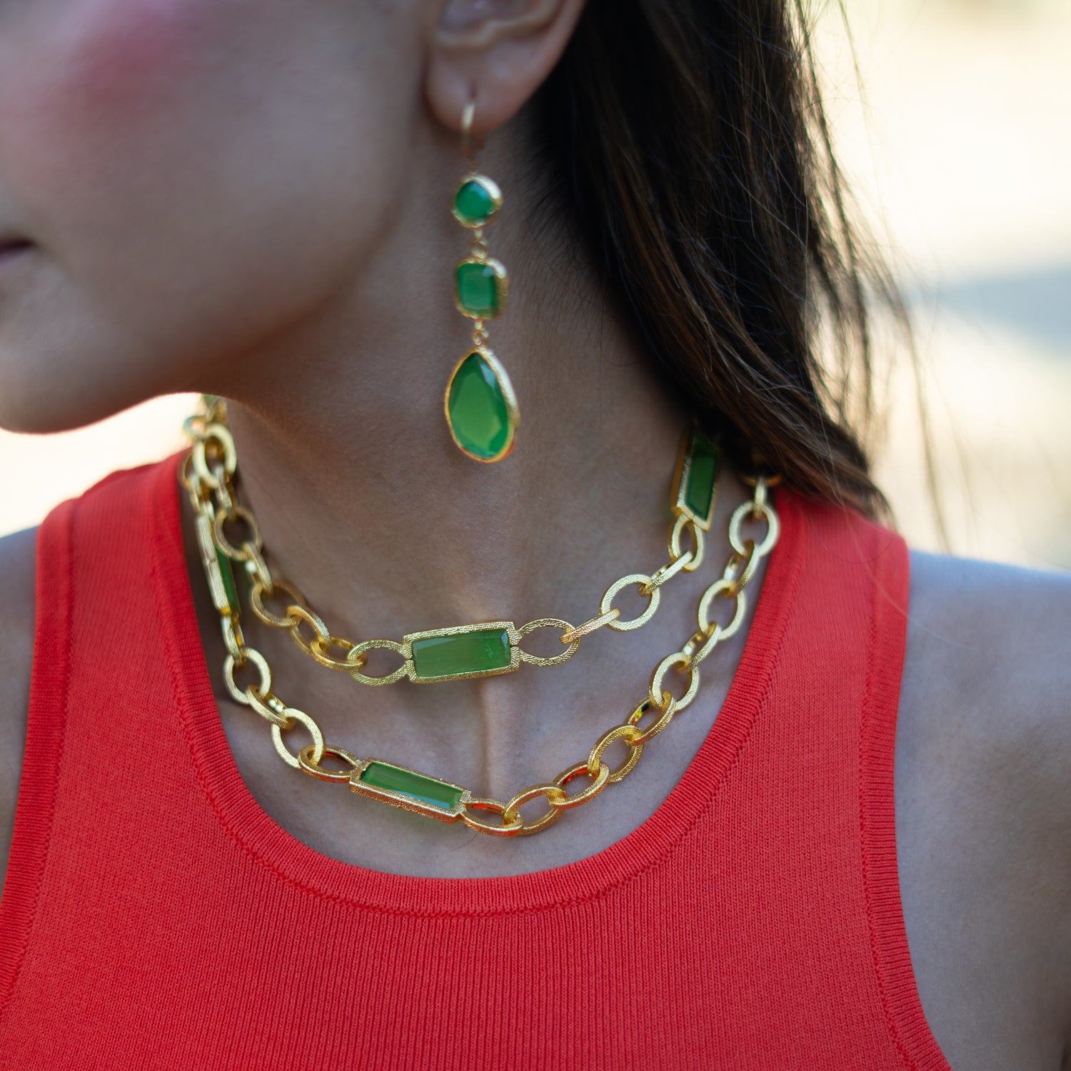 Mystic Green Cat Eye Gold Dangle Earrings - Gold