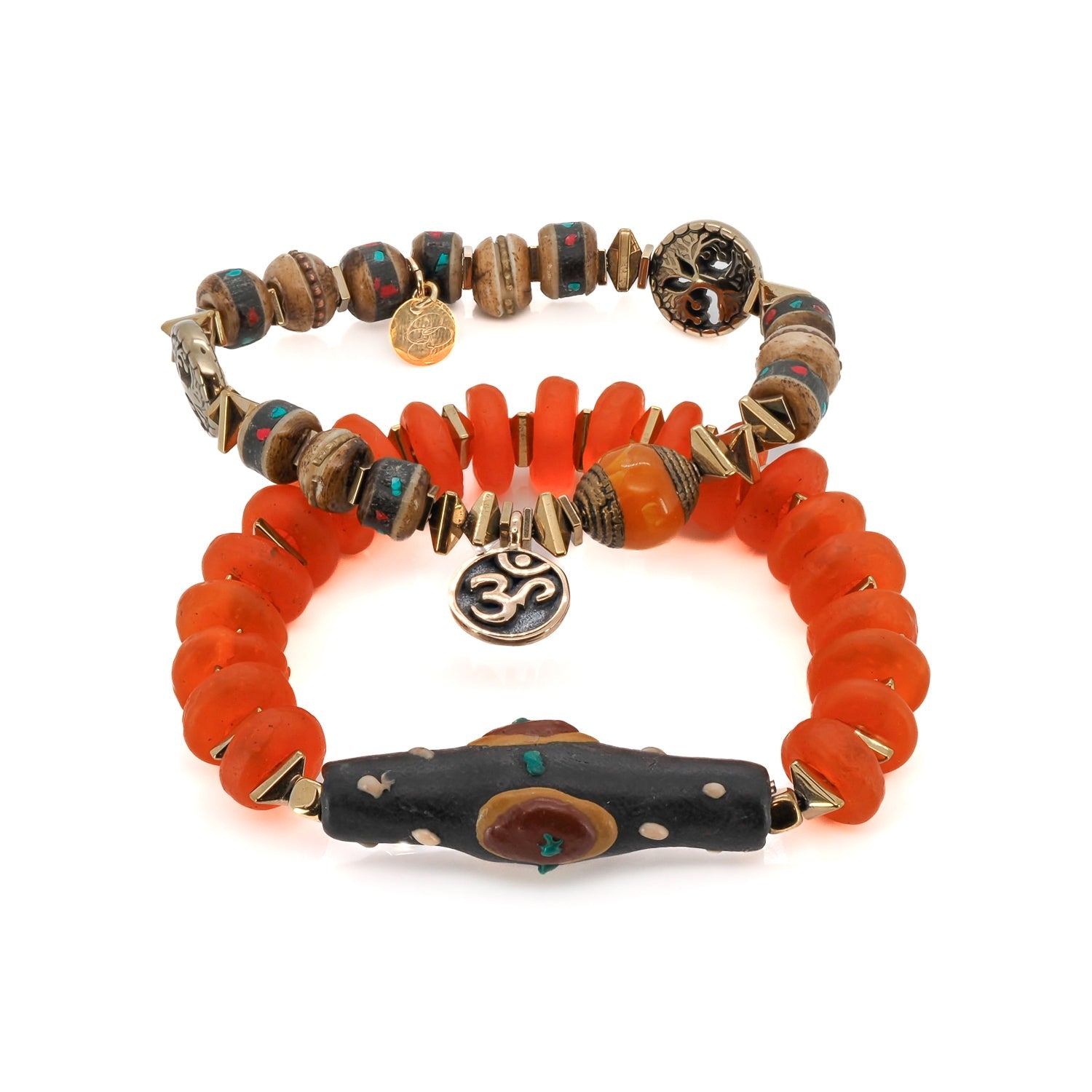Mystic Nepal Beaded Om Charm Unique Bracelet Set - Orange