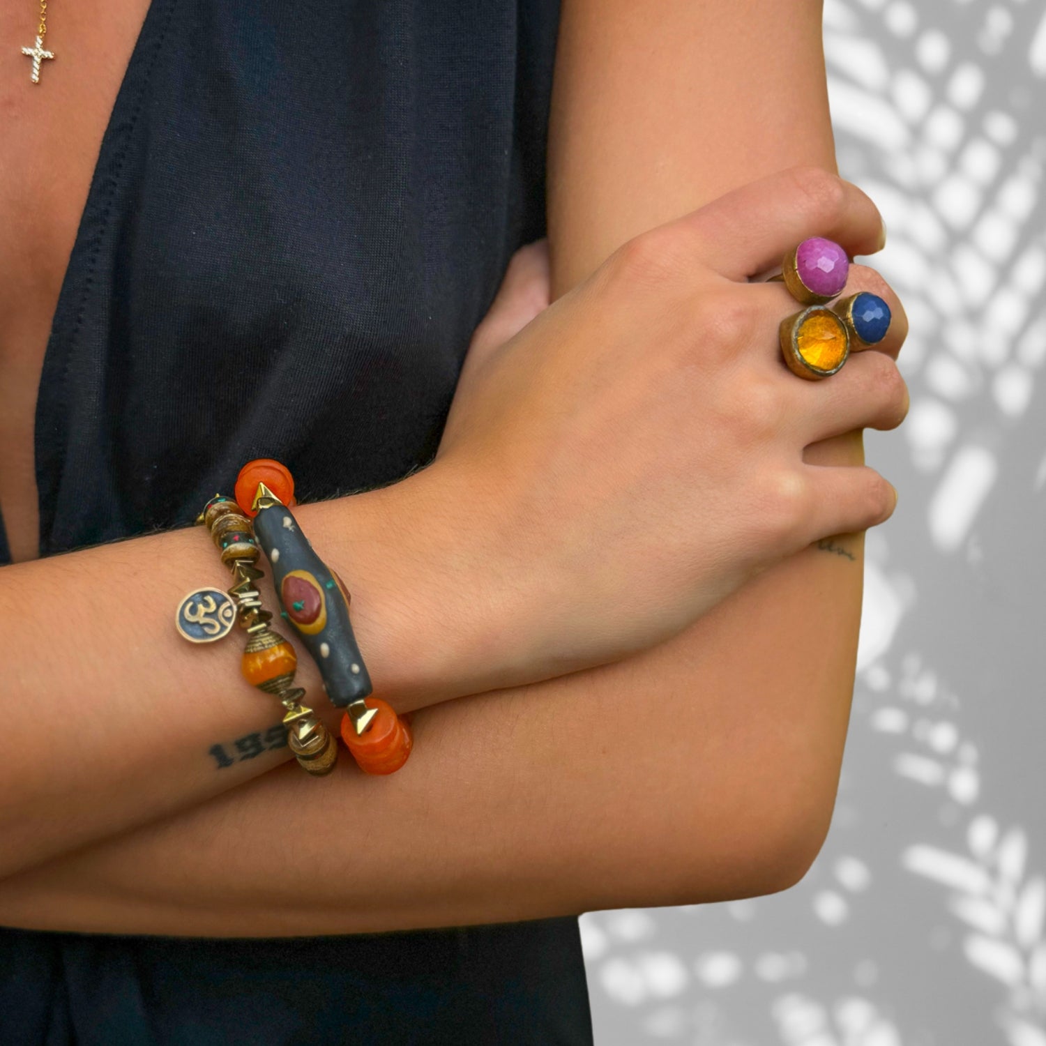 Mystic Nepal Beaded Om Charm Unique Bracelet Set - Orange