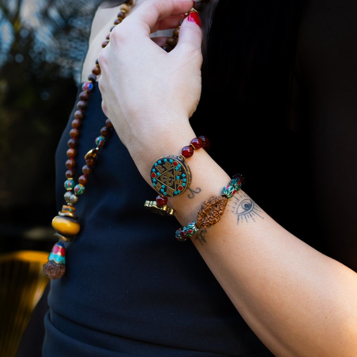 Mystic Root Rudraksha & Carnelian Spiral Bracelet - Red