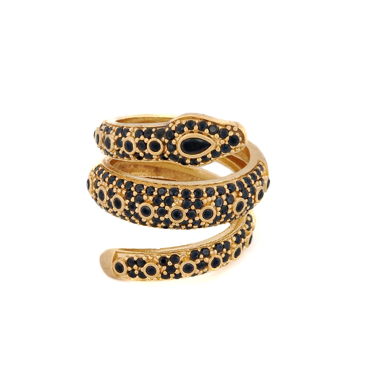 Mystic Serpent Black Stone Triple Wrap Ring - Black