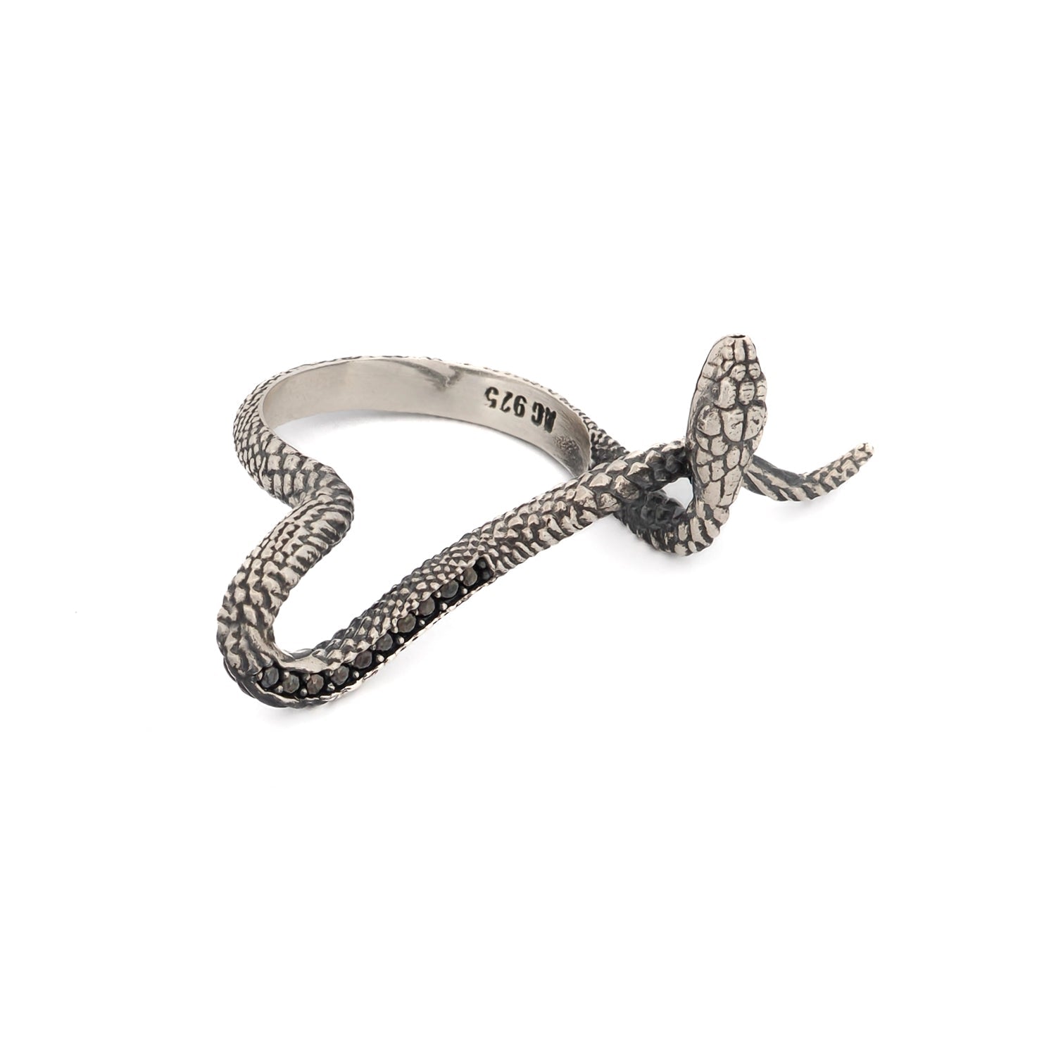 Mythology Snake Sterling Silver & Black Diamond Design Ring - Silver