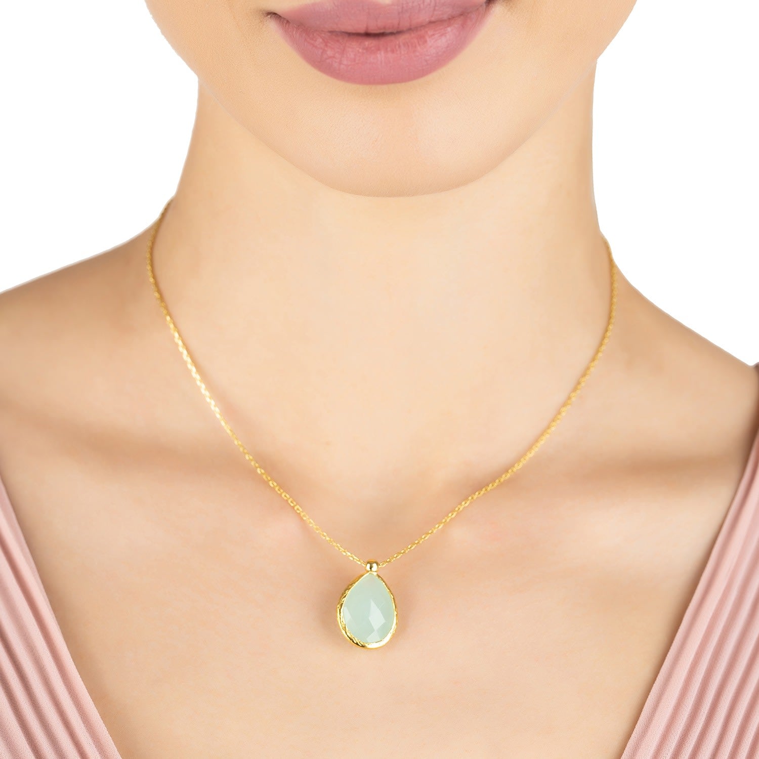 Petite Drop Necklace Gold Aqua Chalcedony