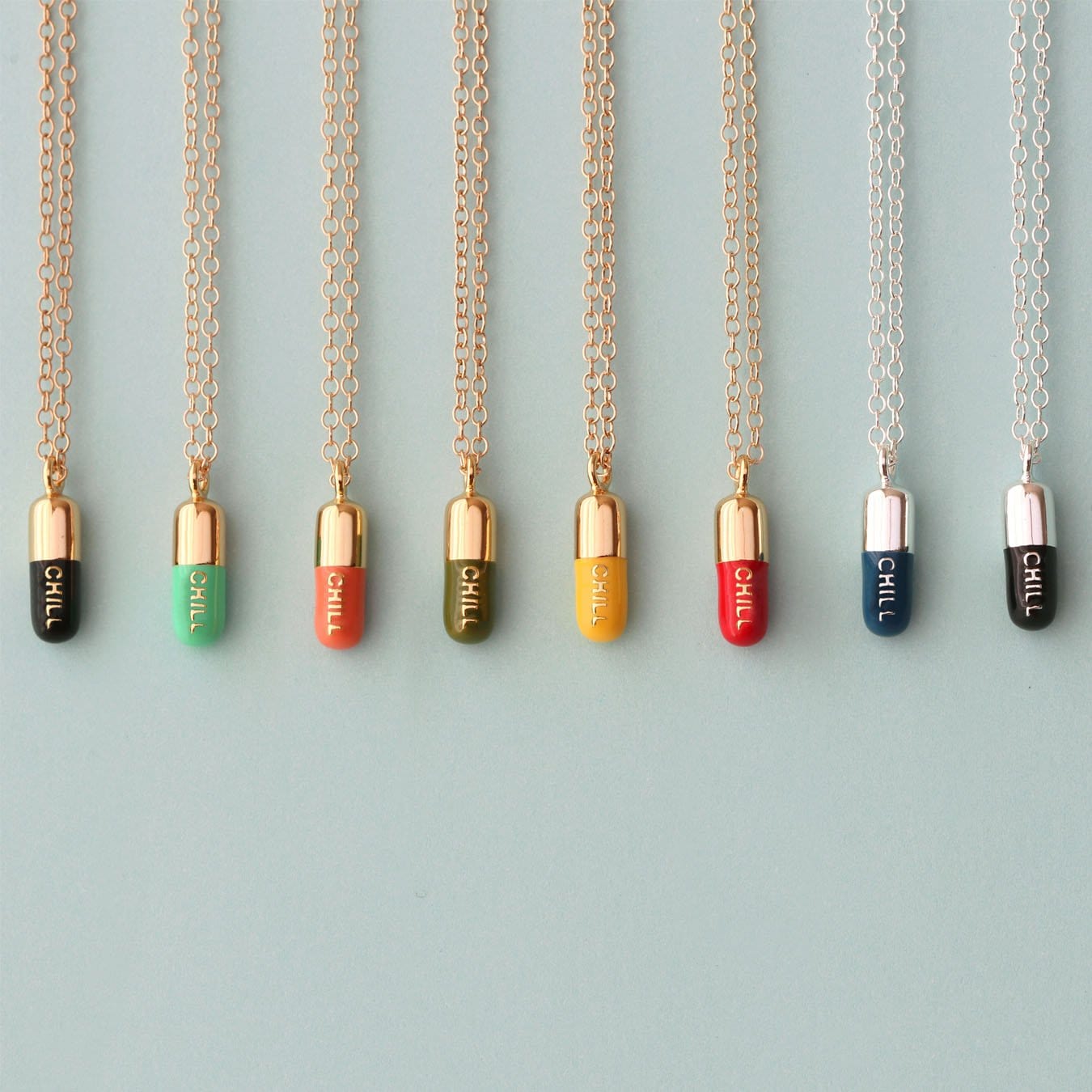 Chill Pill Enamel Necklace Gold Filled, Yellow