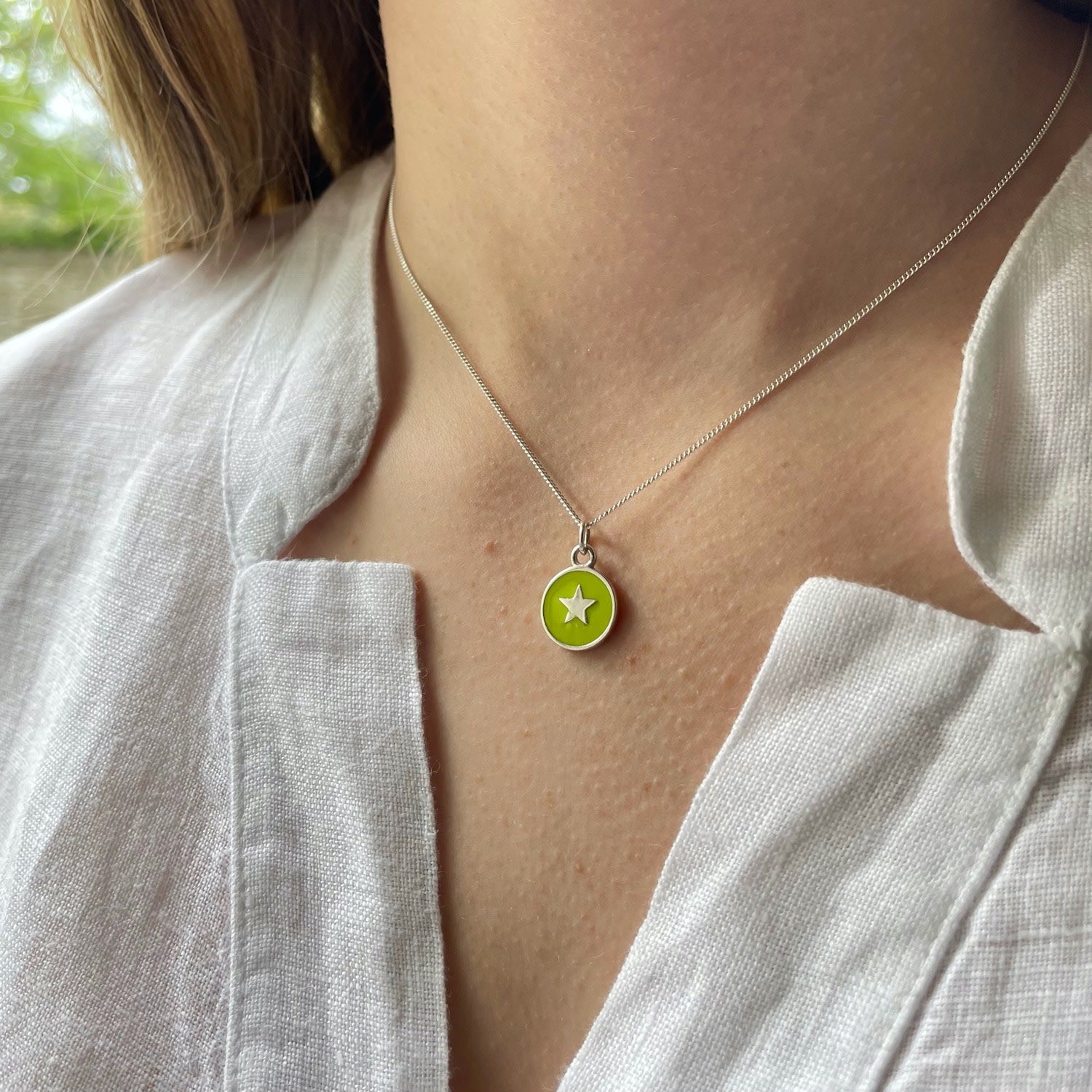 Small Star Enamel Necklace Sterling Silver Lime Green