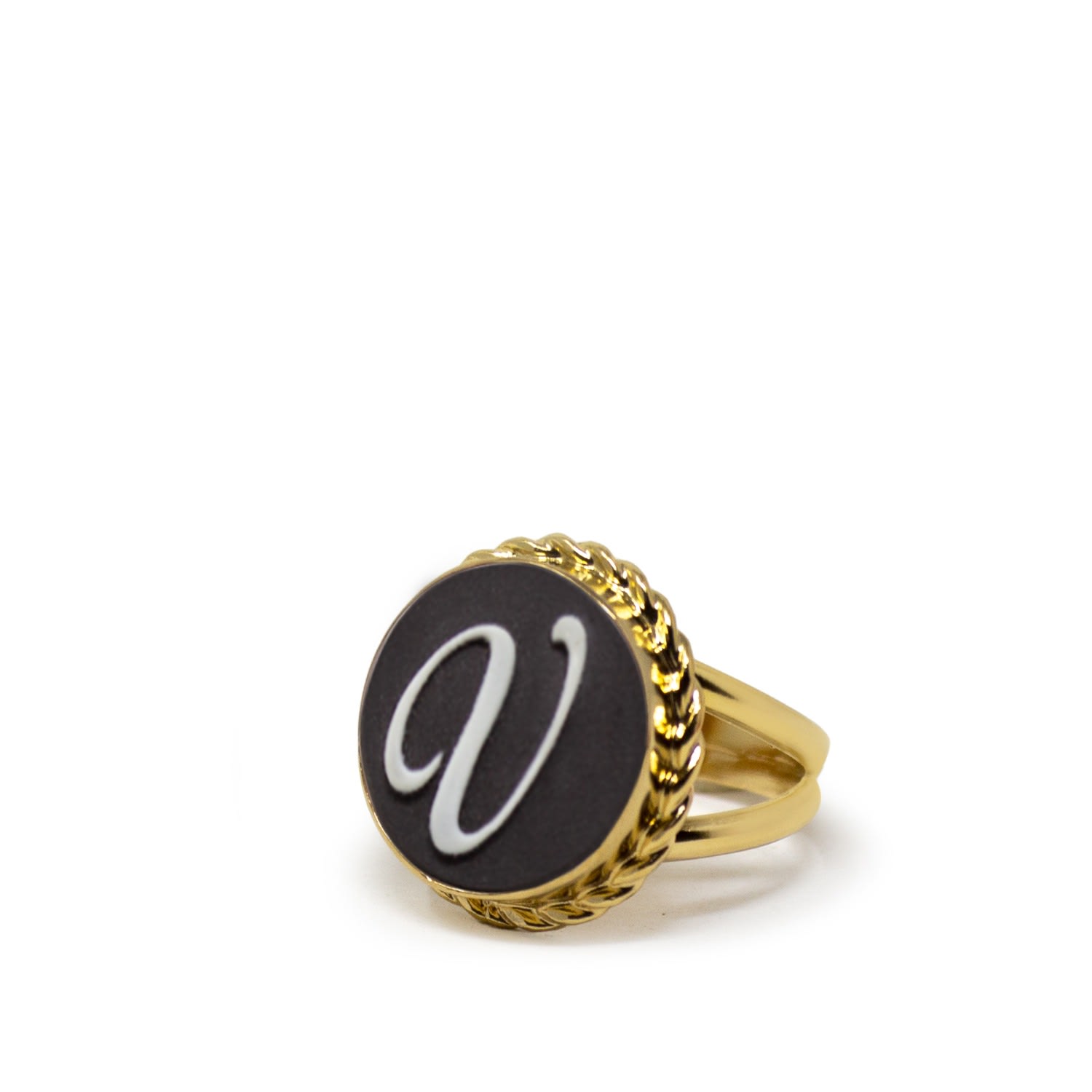 Gold Vermeil Black Cameo Ring Initial V
