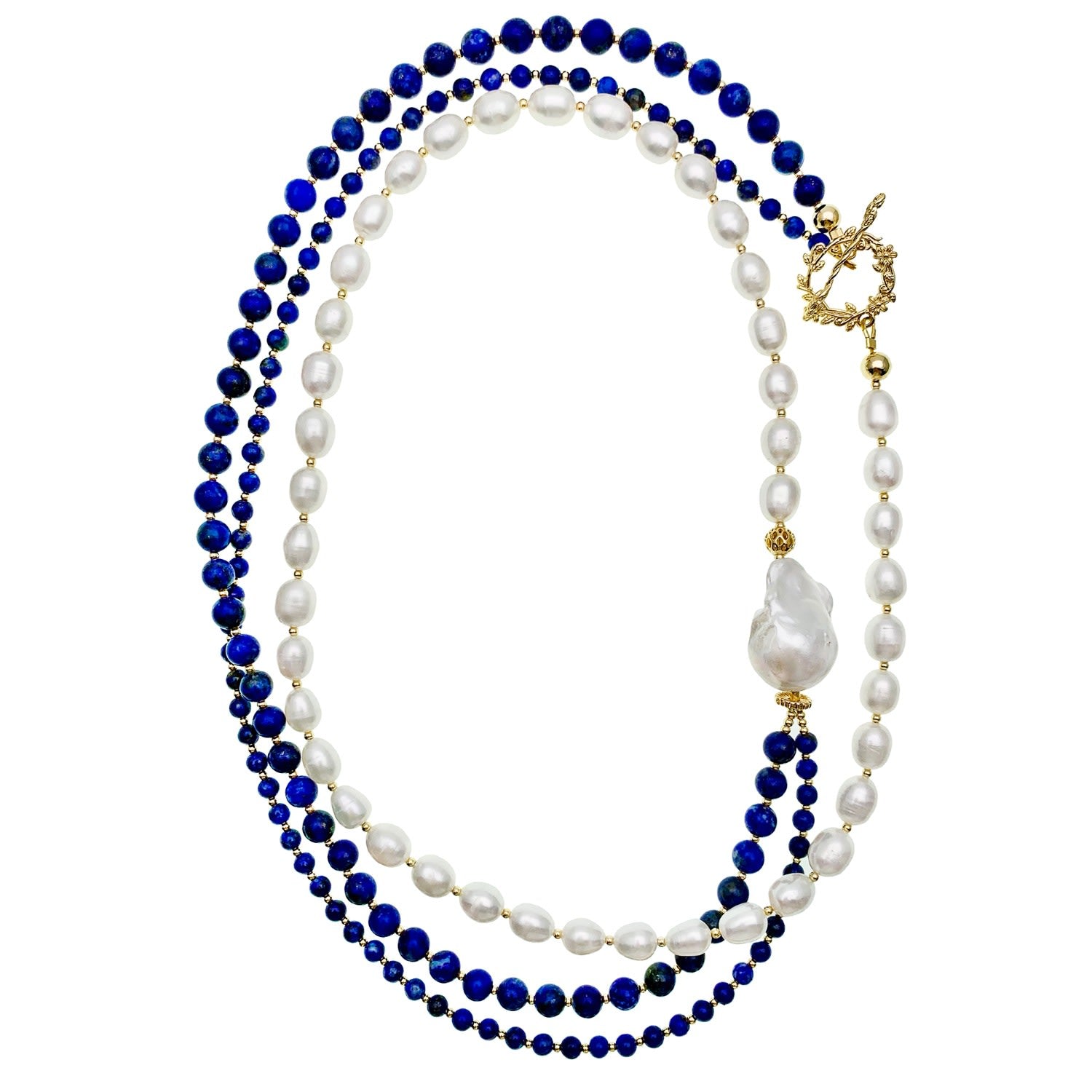 Round Lapis With Freshwater Pearls Multi-Ways Long Necklace