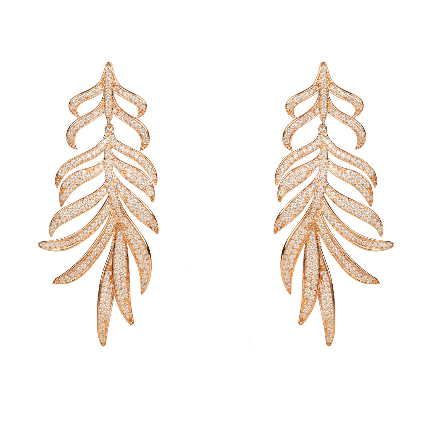 Feathered Leaf Statement Drop Earrings Rosegold