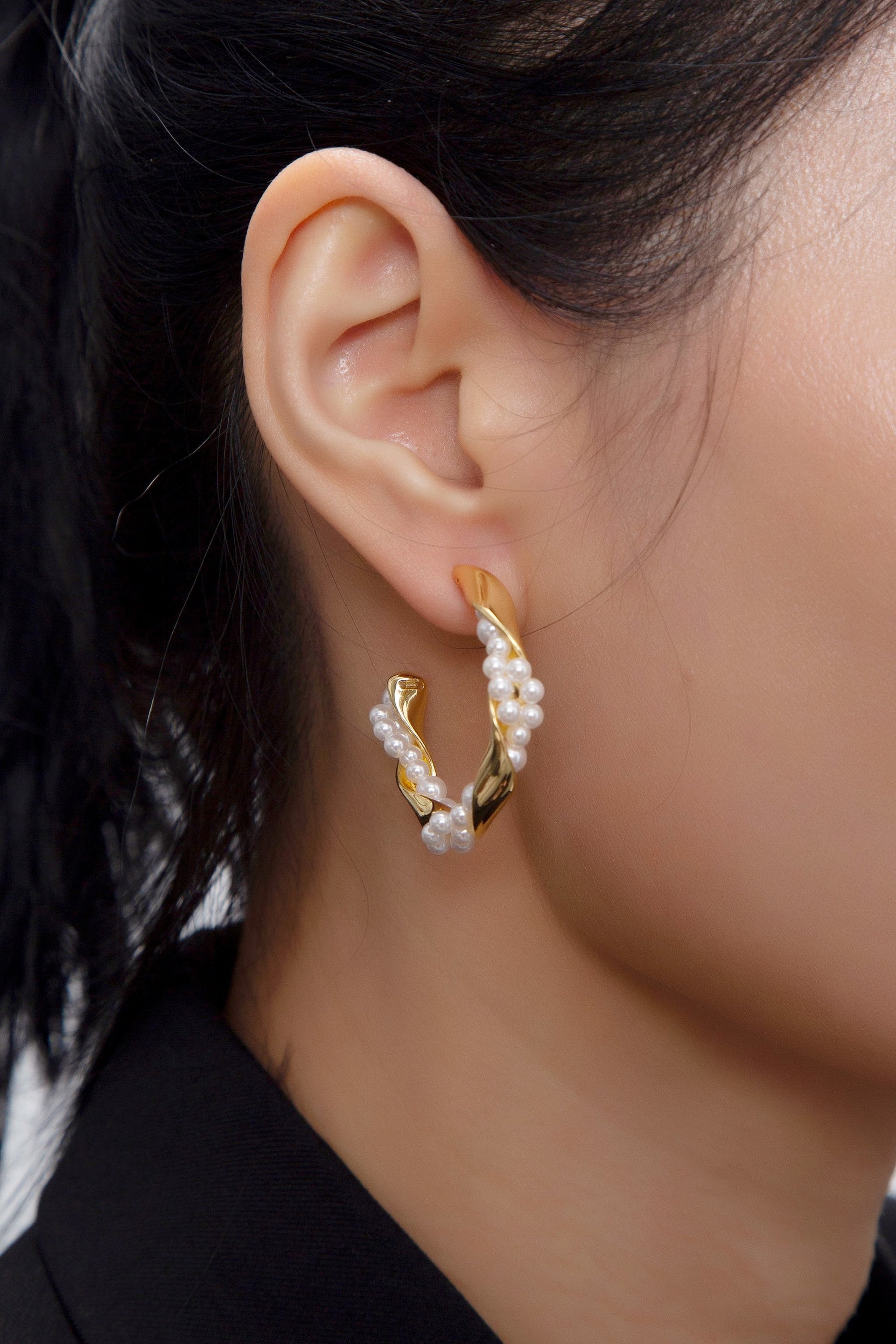 Nadia Gold Molten Pearl Twisted Hoop Earrings