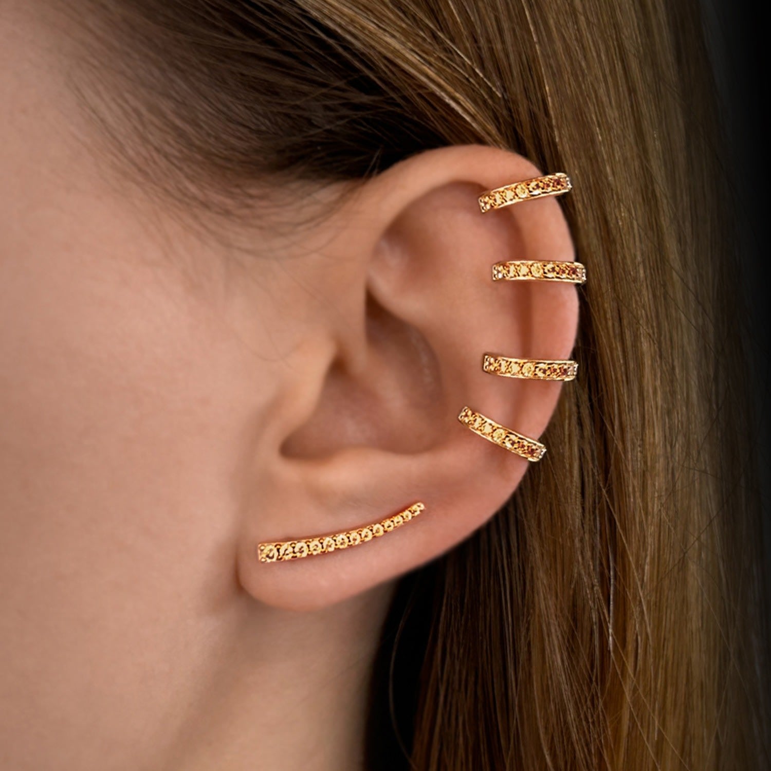 Naked Ear Climber With Man Made Champagne Diamonds In Gold