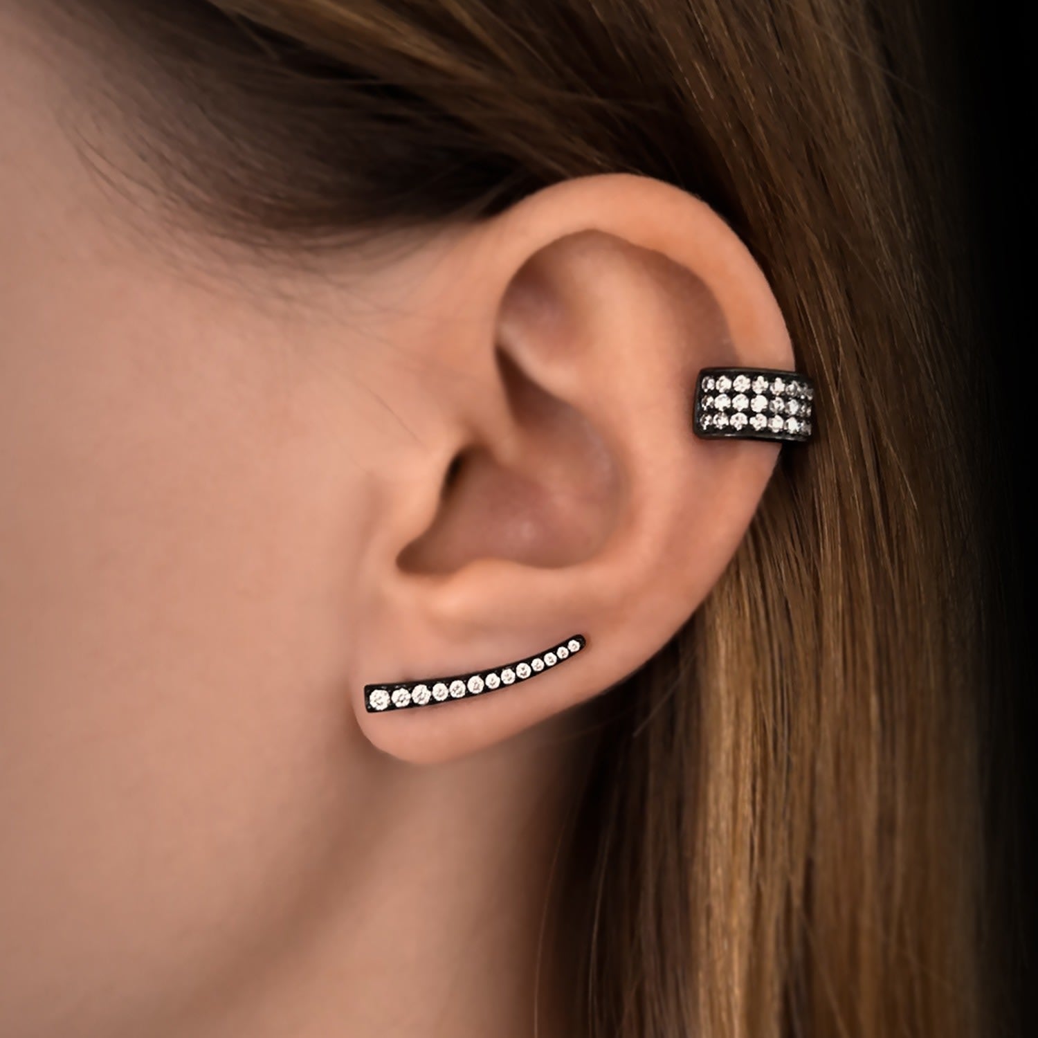 Naked Ear Climber With Man Made Cz Diamond Stimulant In Sterling Silver & Black Rhodium