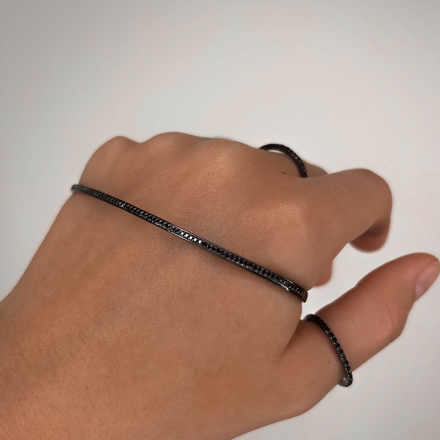 Naked Palm Cuff With Man Made Black Diamonds In Black Rhodium