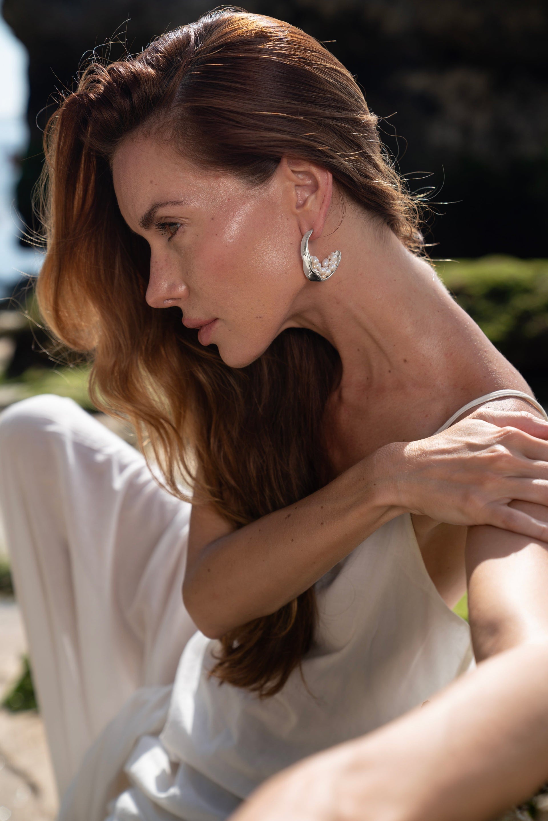 Naomi Pearl Cluster Silver Molten Hoop Statement Earrings