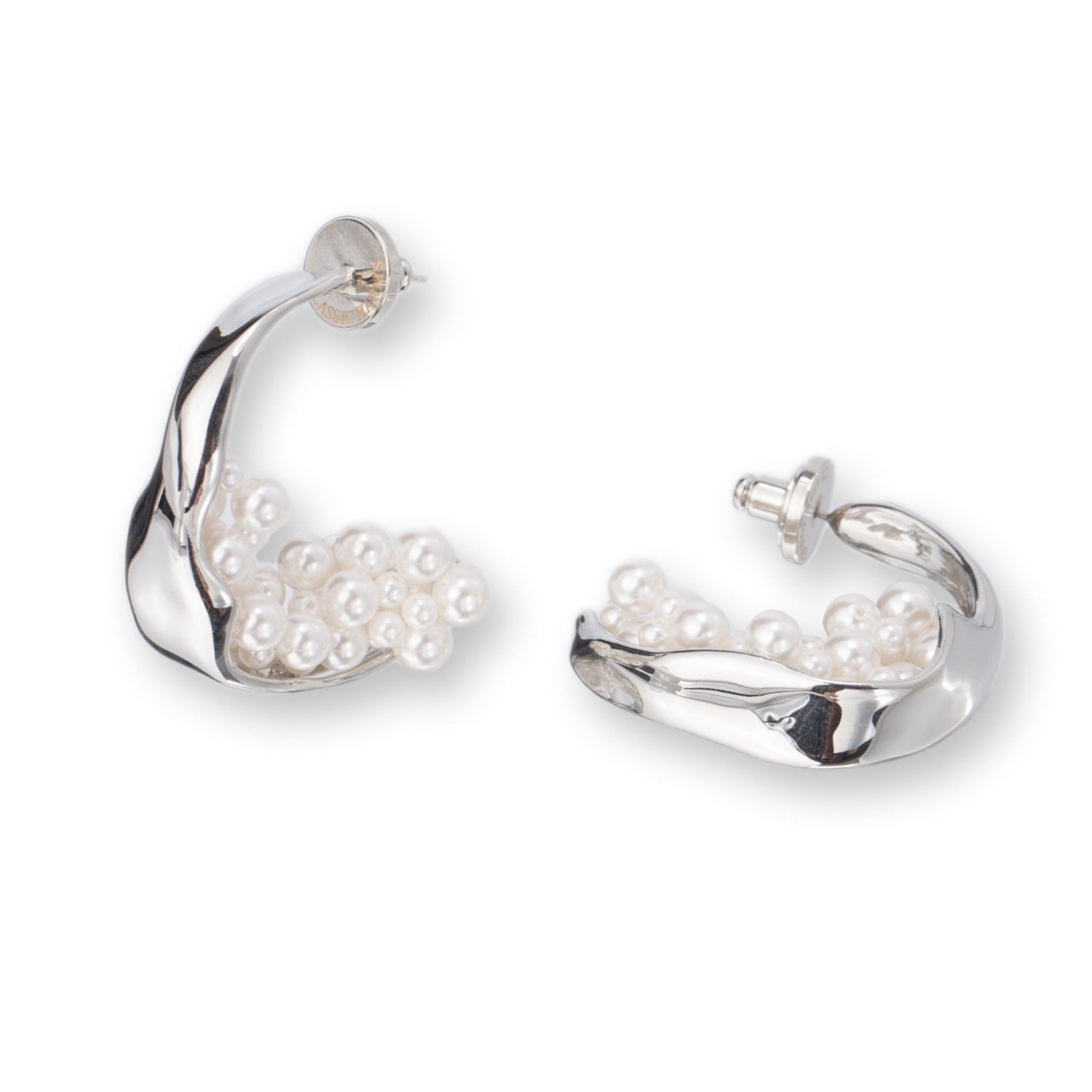 Naomi Pearl Cluster Silver Molten Hoop Statement Earrings