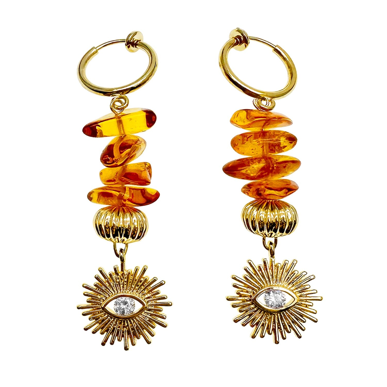 Natural Amber With Evil Eye Dangle Clip-On Earrings